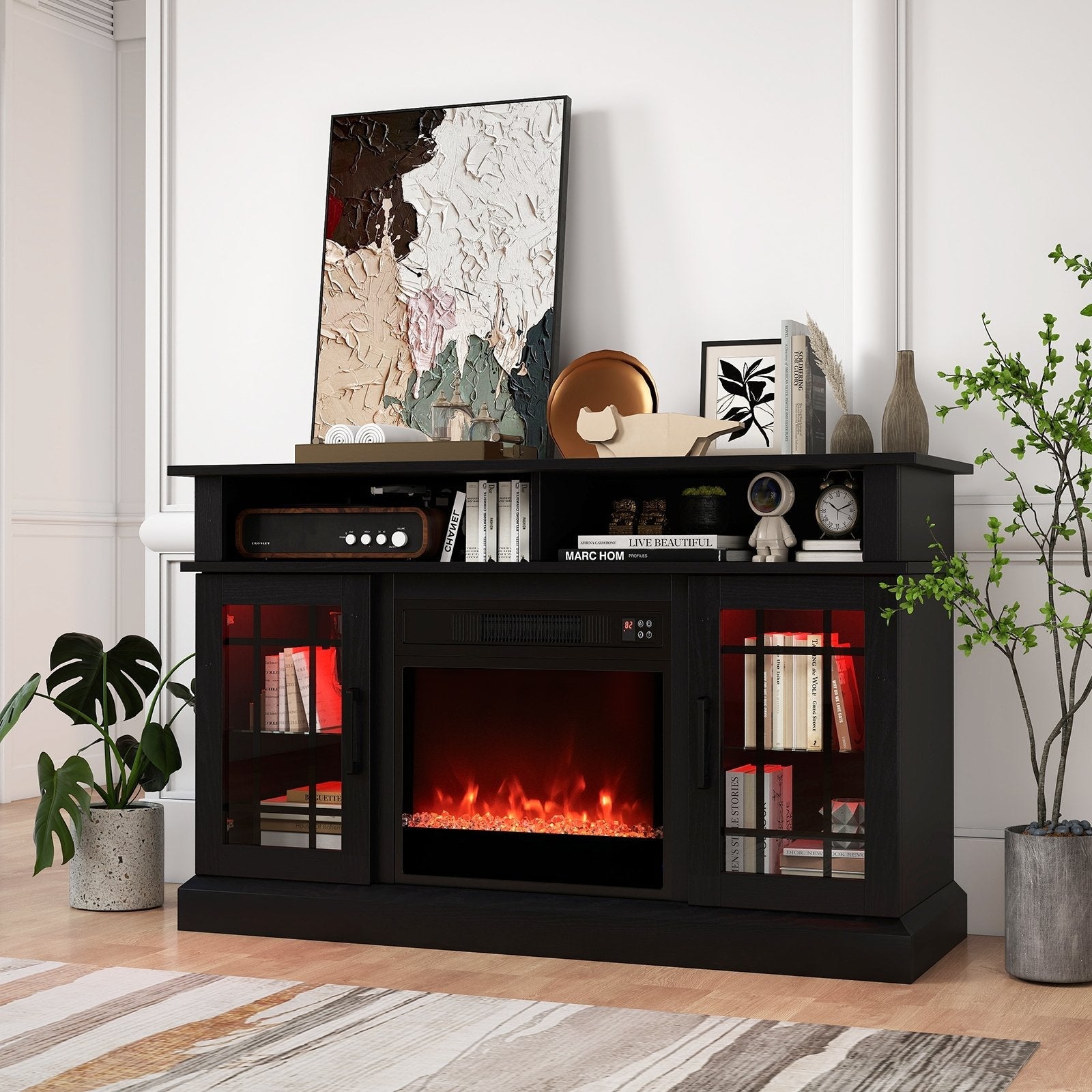 TV Stand with Electric Fireplace LED Lights and Remote Controls for TVs Up to 40 Inch-Black