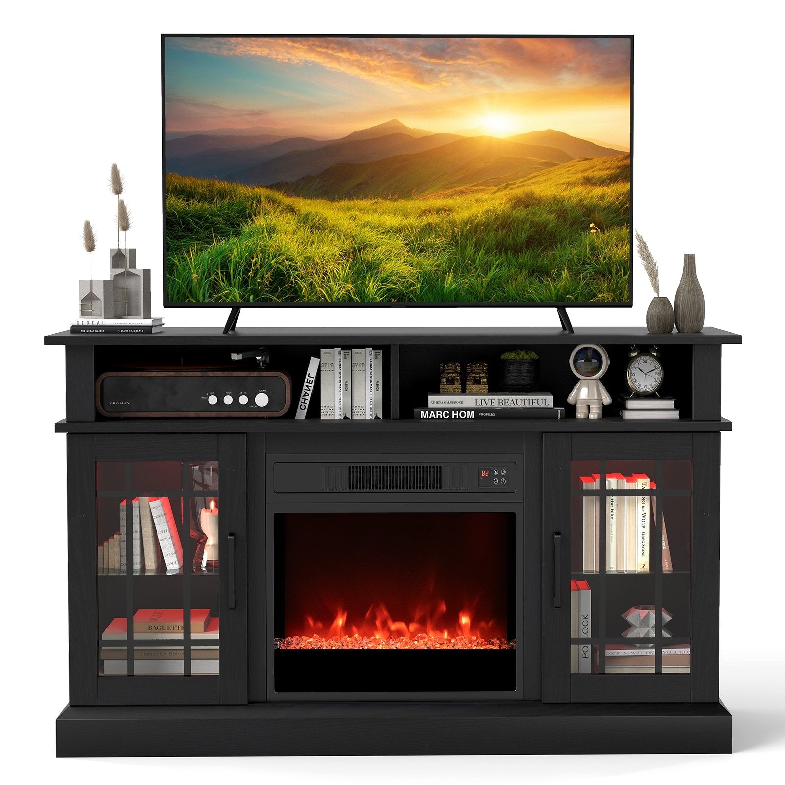 TV Stand with Electric Fireplace LED Lights and Remote Controls for TVs Up to 40 Inch-Black