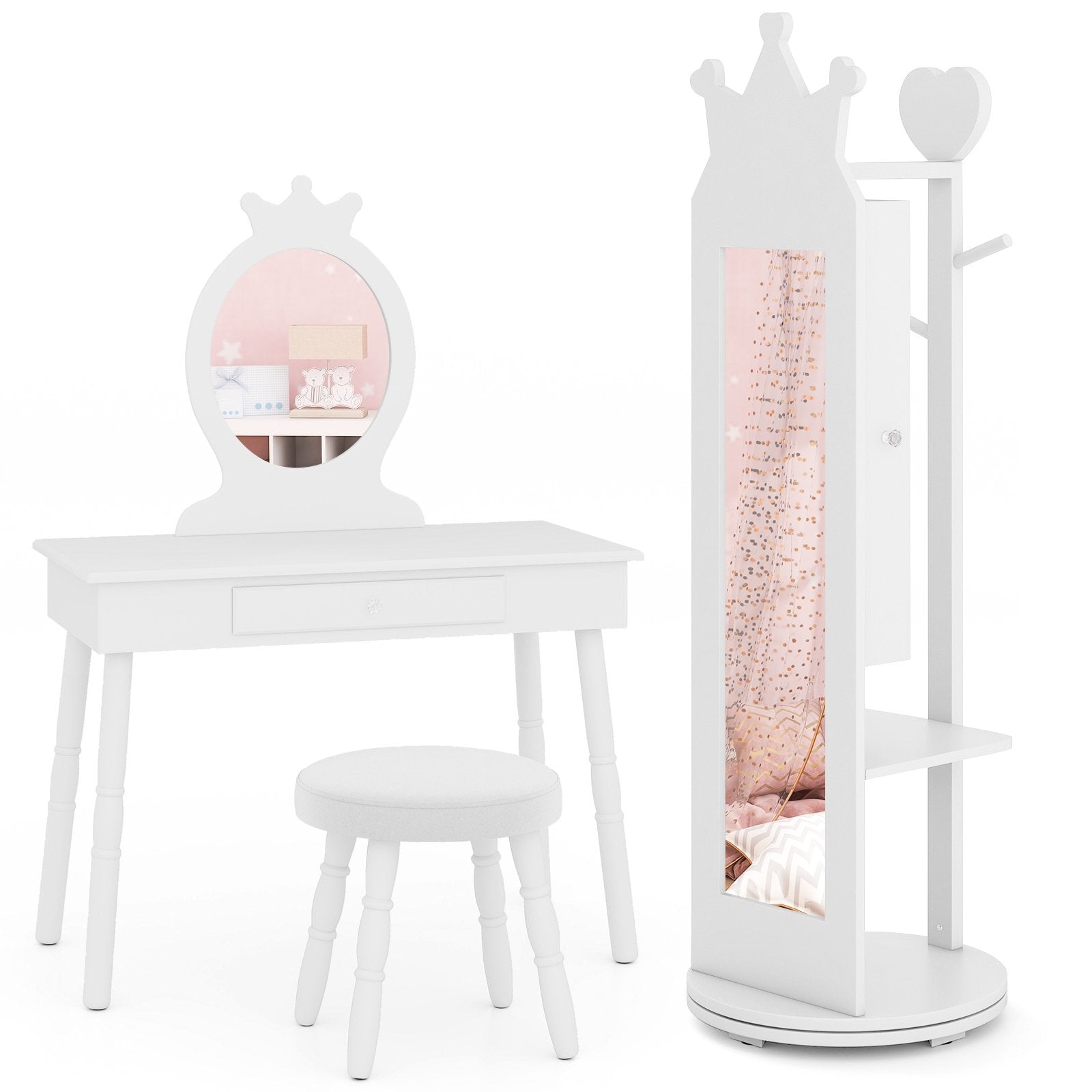 Kids Room Furniture Set Princess Vanity Table and Stool Set with Mirror and Drawer-Pink