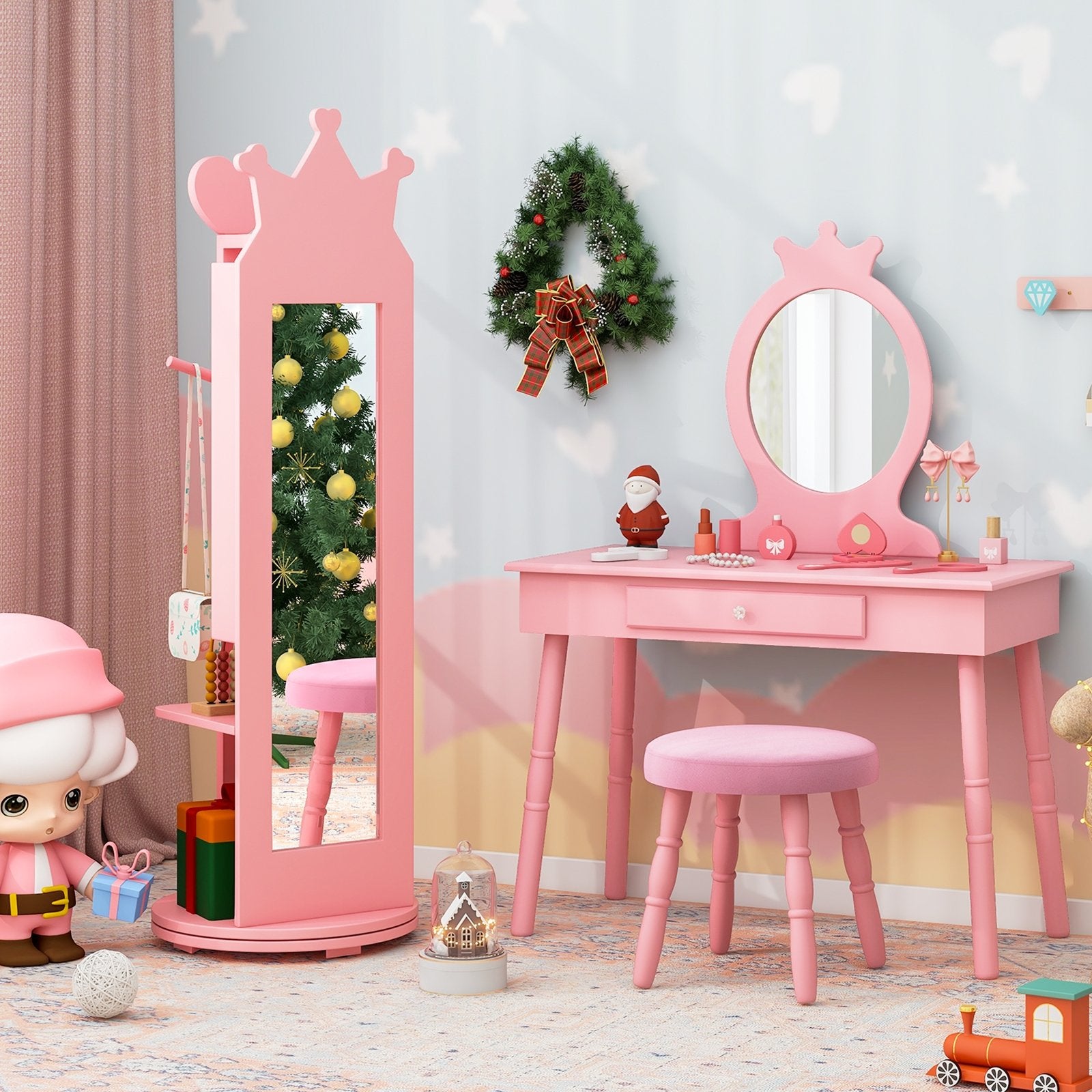 Kids Room Furniture Set Princess Vanity Table and Stool Set with Mirror and Drawer-Pink