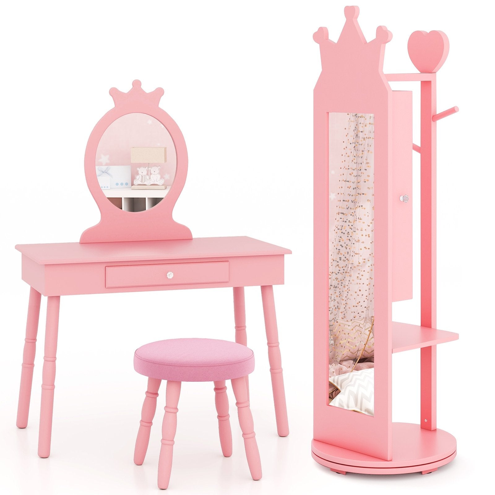 Kids Room Furniture Set Princess Vanity Table and Stool Set with Mirror and Drawer-Pink