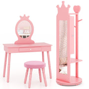 Kids Room Furniture Set Princess Vanity Table and Stool Set with Mirror and Drawer-Pink