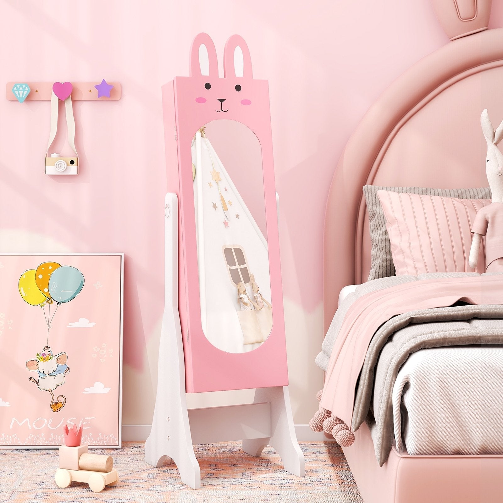 Kids Room Furniture Set with Princess Vanity Table and Chair-Pink