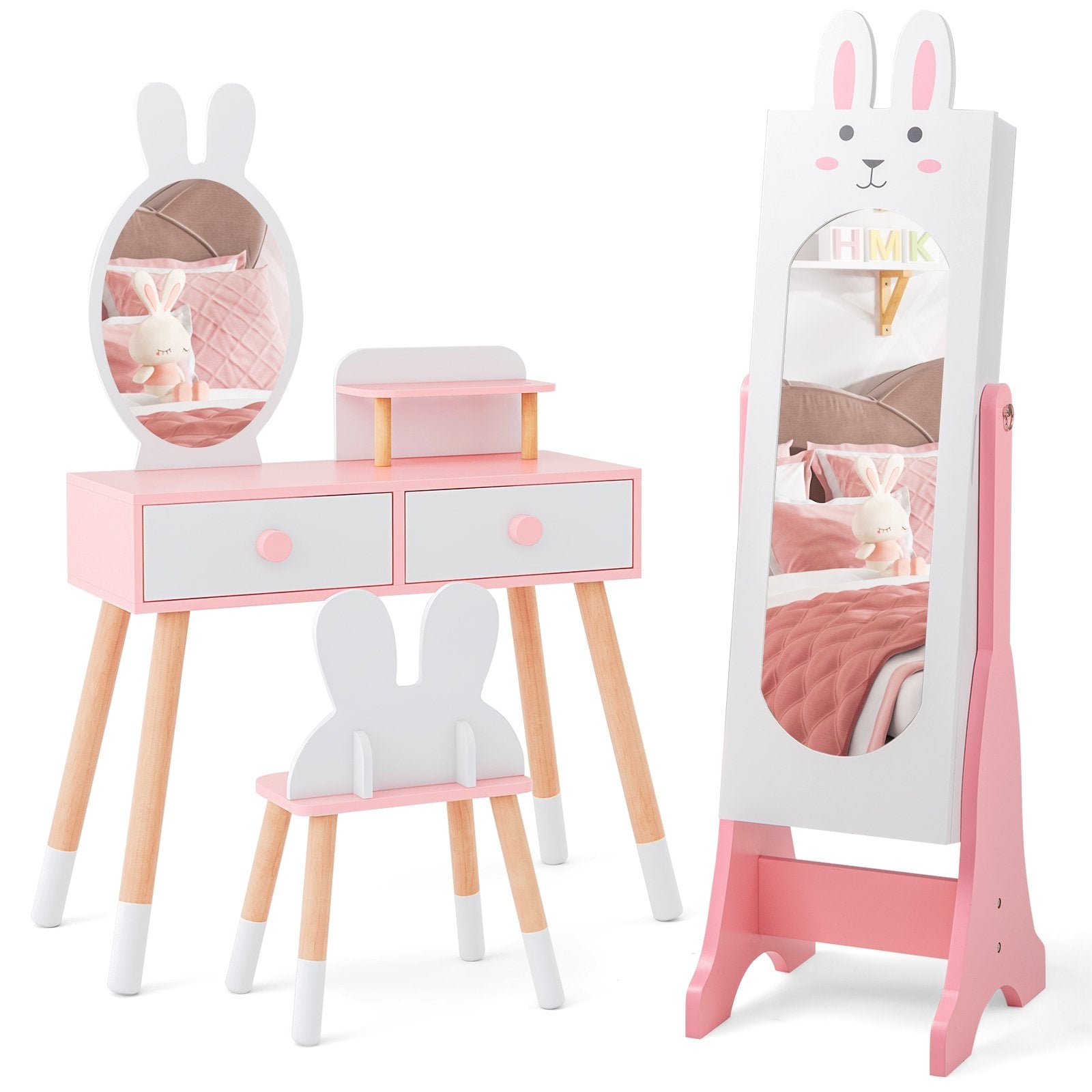 Kids Room Furniture Set with Princess Vanity Table and Chair-Pink