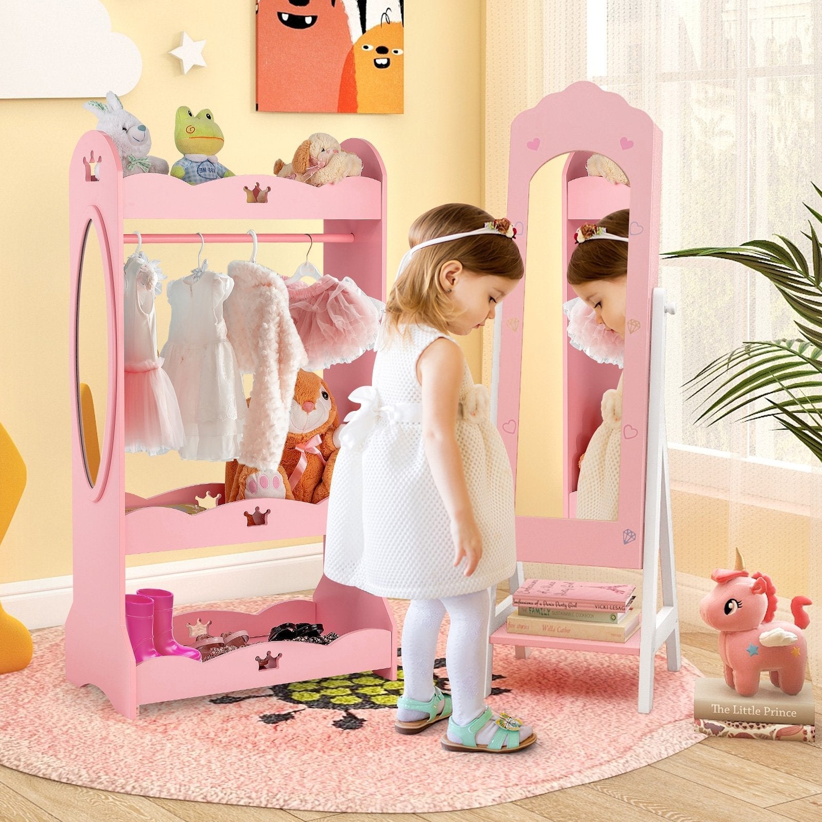 2 Pieces Kids Vanity Set and Jewelry Armoire Cabinet with Full-length Mirror-Pink