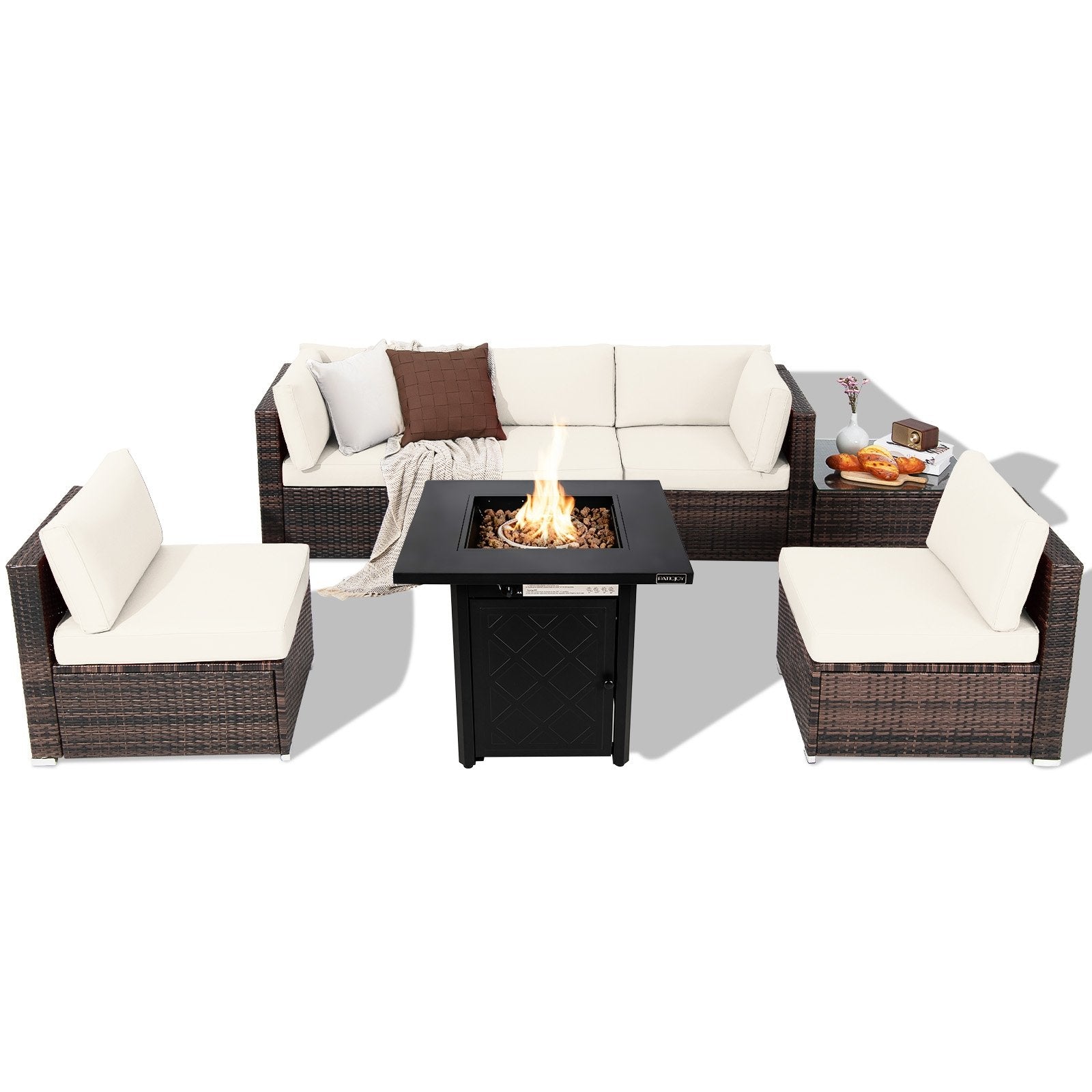 7 Pieces Patio Furniture Set with 28 Inches 50000 BTU Propane Gas Fire Pit Table-Red