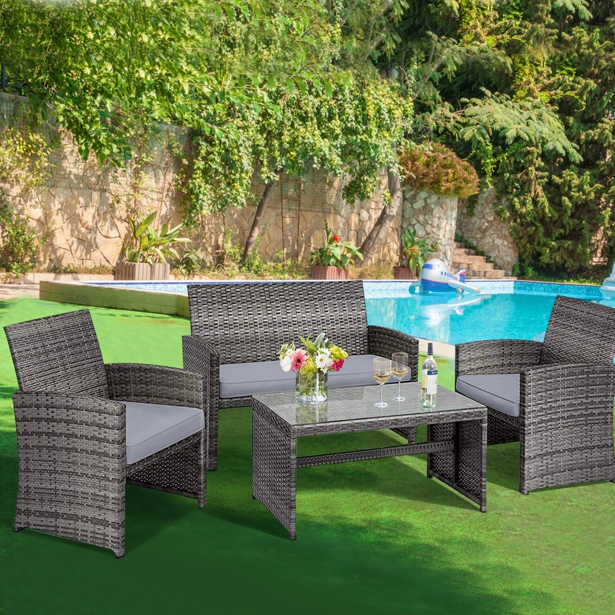 4 Pieces Patio Rattan Furniture Set with Glass Table and Loveseat-Black