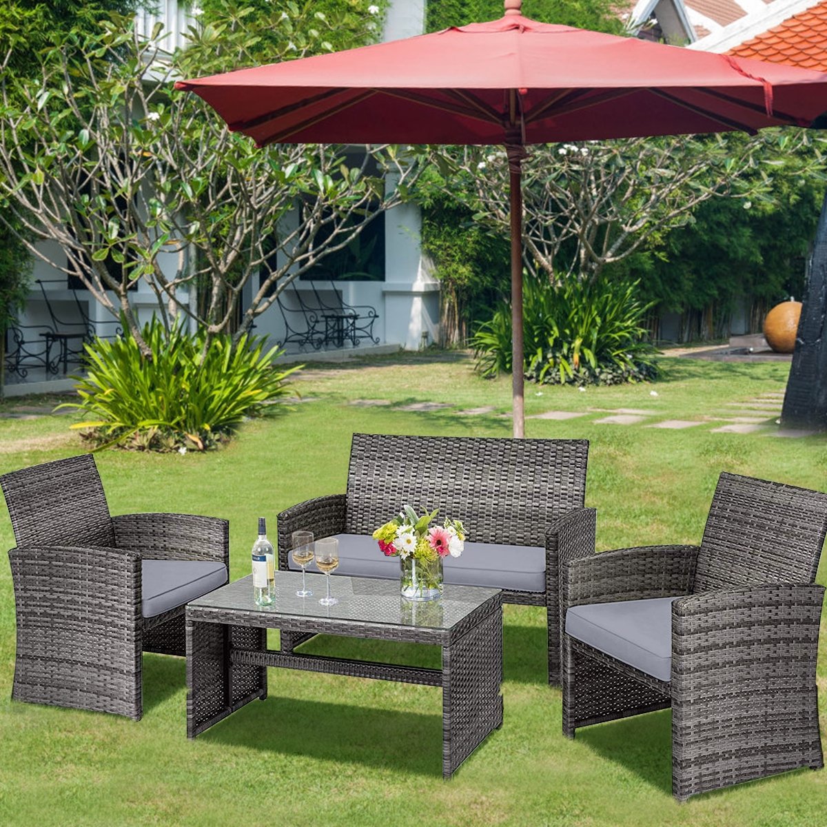 4 Pieces Patio Rattan Furniture Set with Glass Table and Loveseat-Black