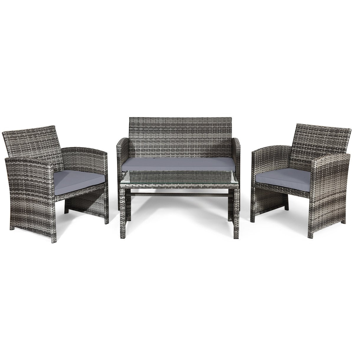 4 Pieces Patio Rattan Furniture Set with Glass Table and Loveseat-Black