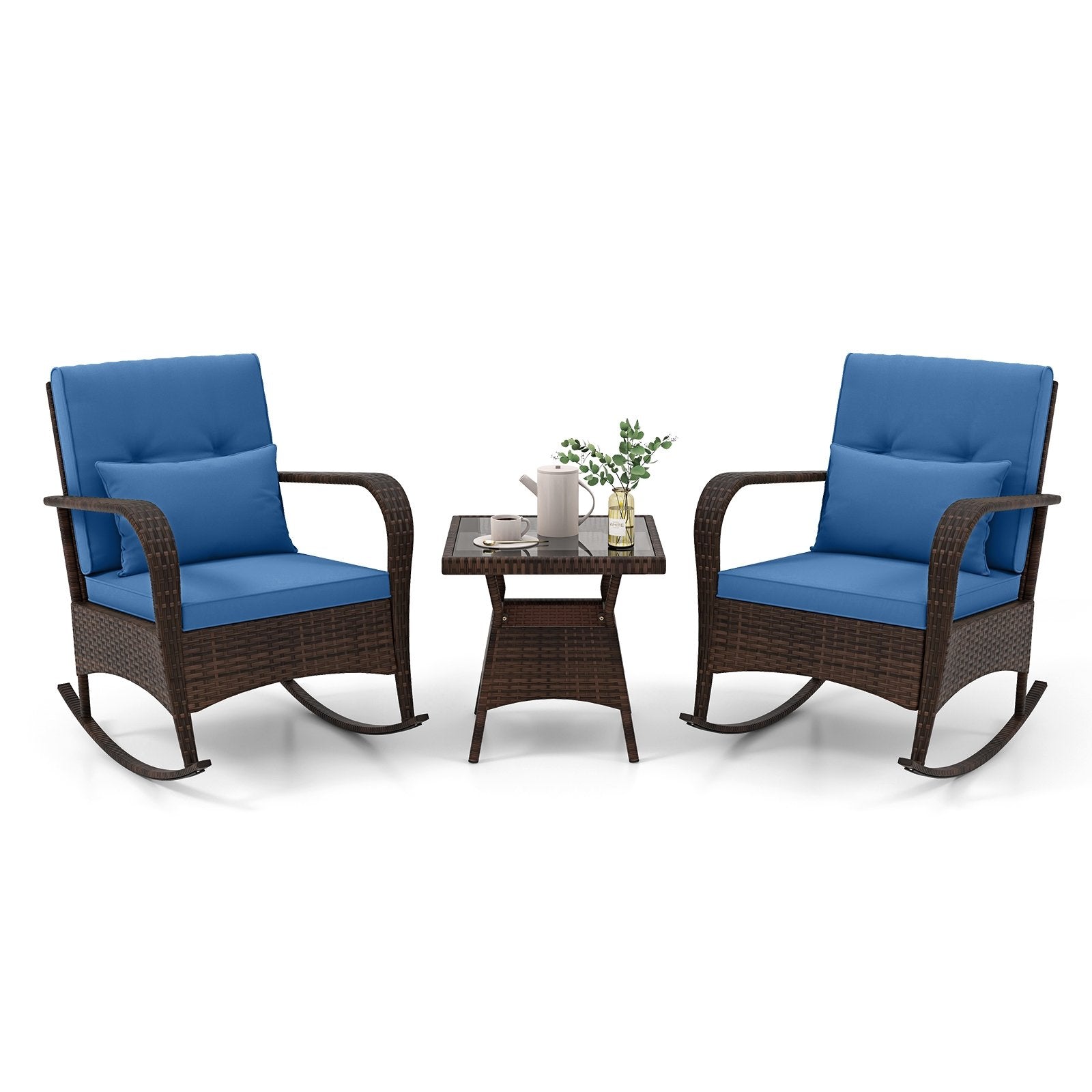 3 Pieces Outdoor Rocking Set with Tempered Glass Coffee Table for Backyard Poolside-Black