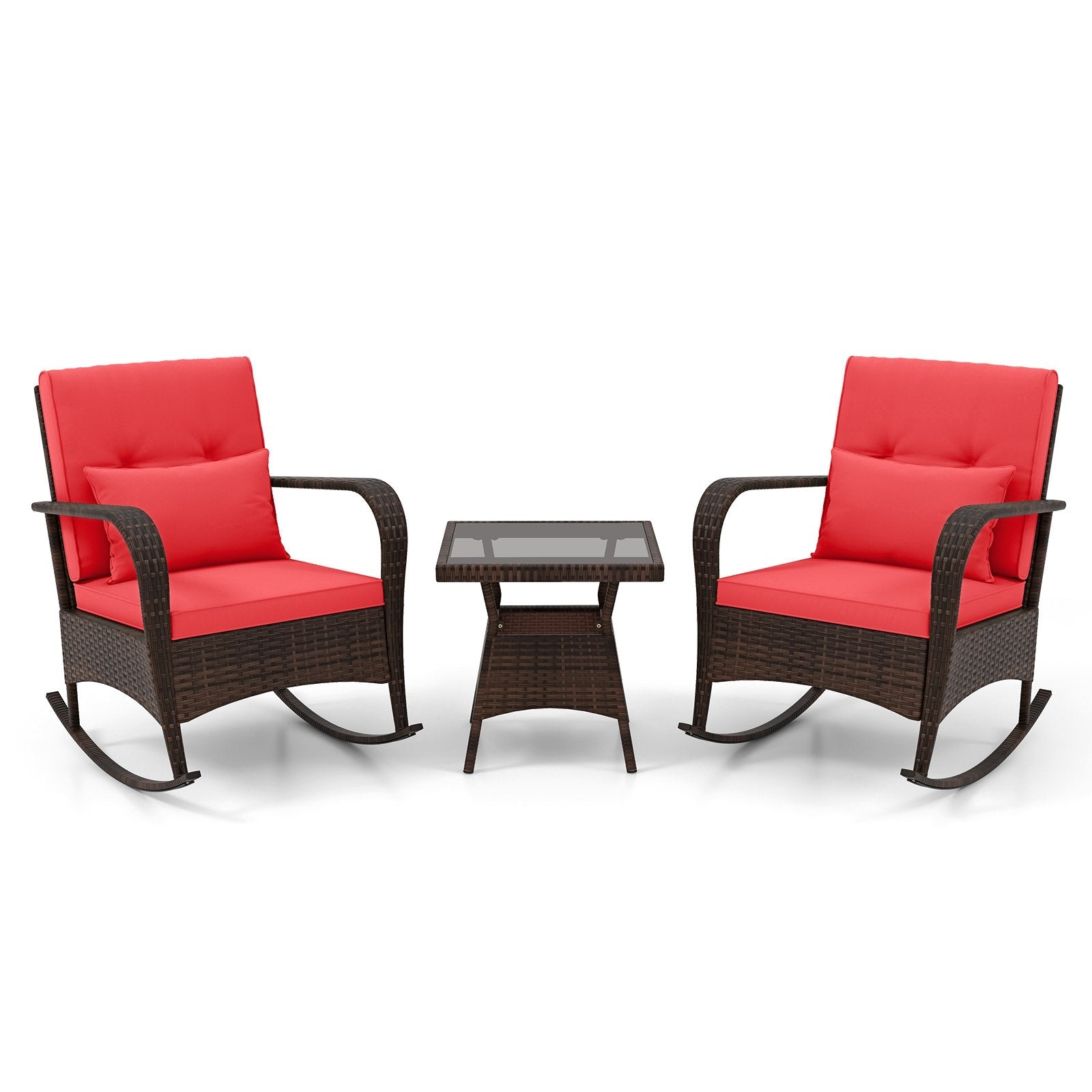 3 Pieces Outdoor Rocking Set with Tempered Glass Coffee Table for Backyard Poolside-Black