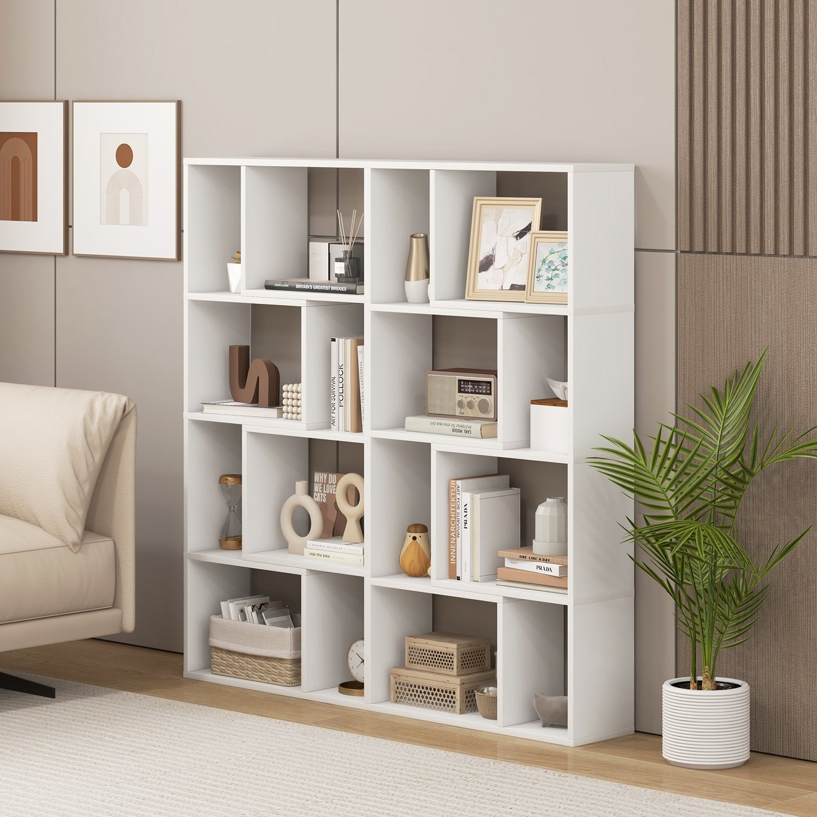 48 Inch 4-Tier Geometric Bookshelf with 8 Cubes for Living Room Bedroom-Gray