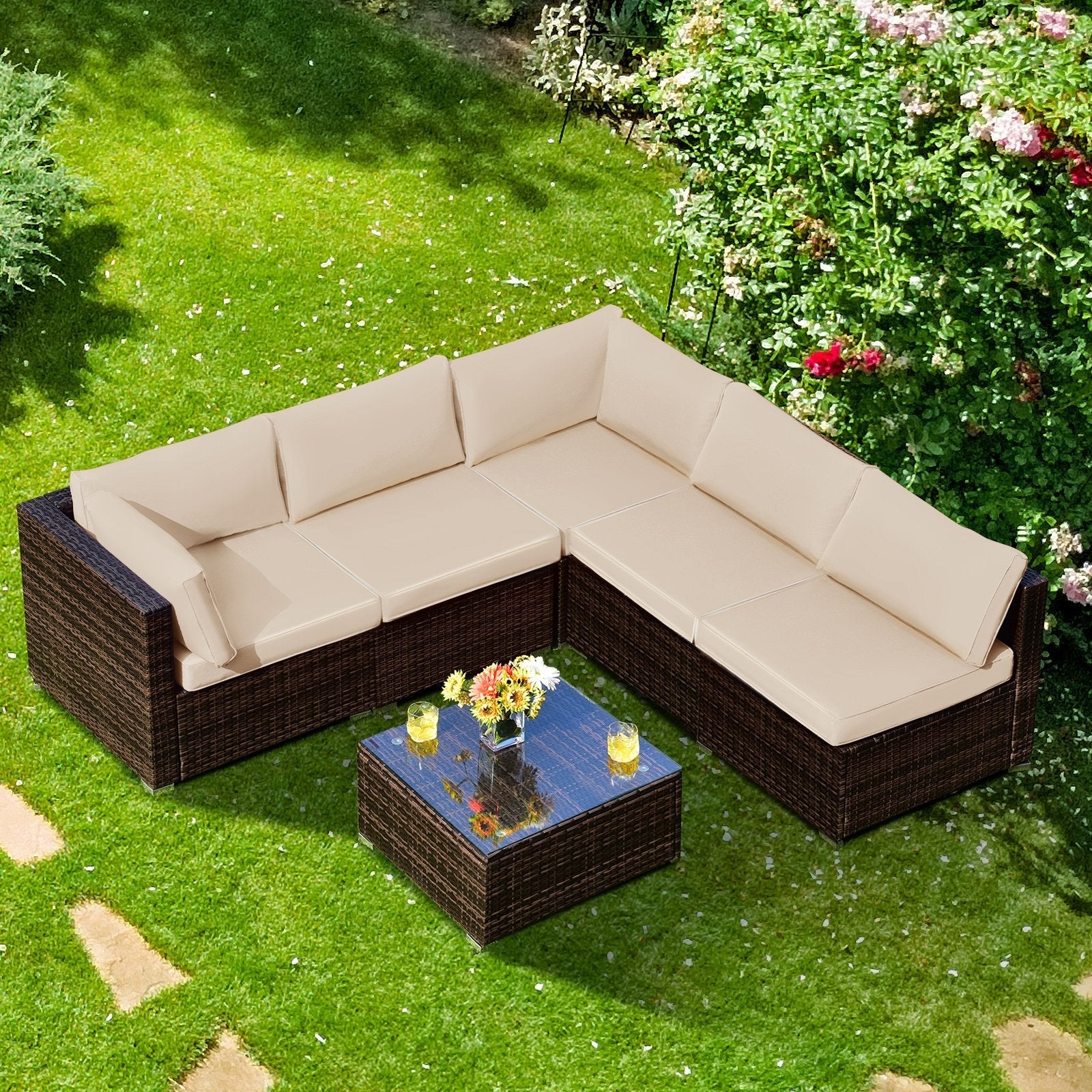 6 Pieces Patio Rattan Furniture Set with Cushions and Glass Coffee Table-Black
