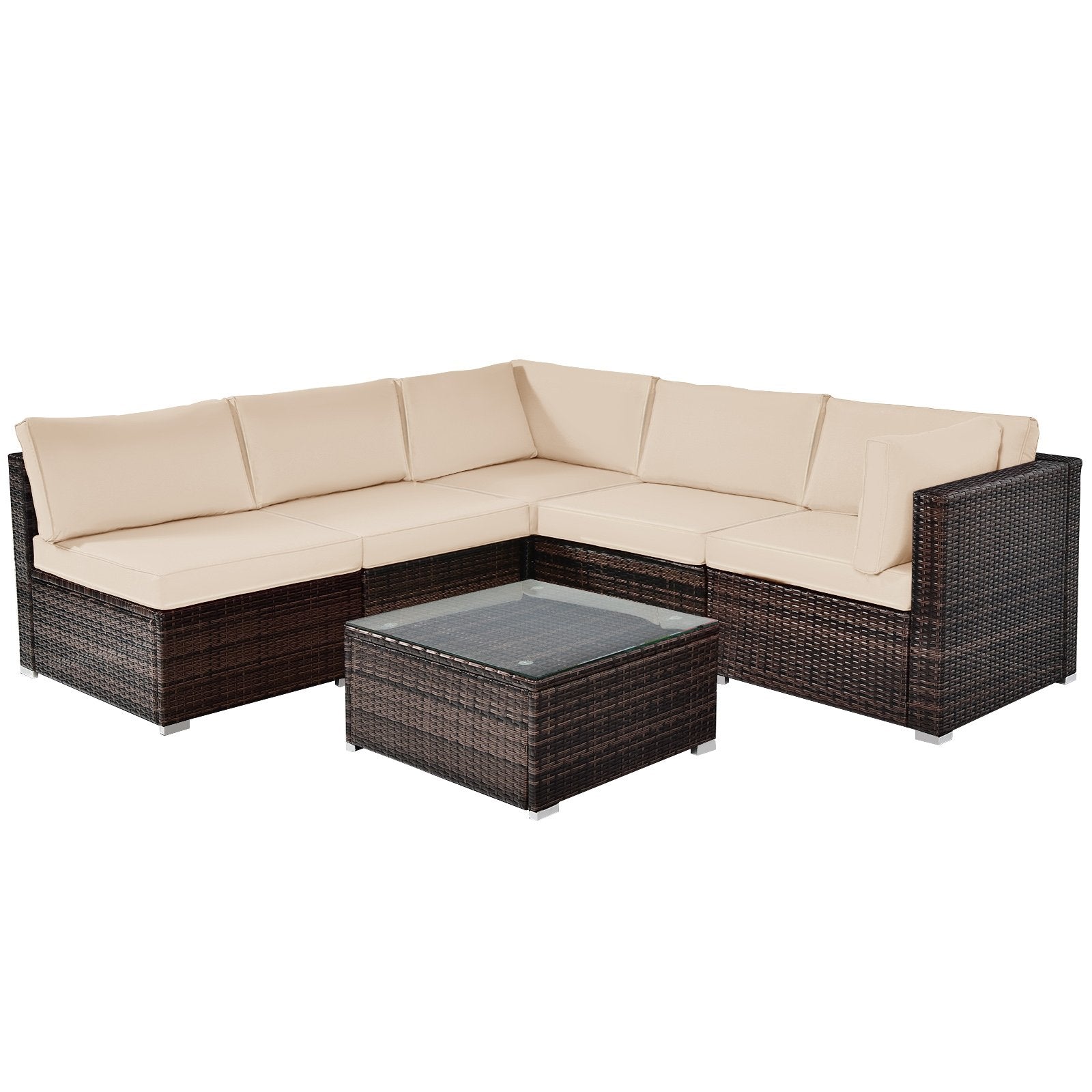 6 Pieces Patio Rattan Furniture Set with Cushions and Glass Coffee Table-Black