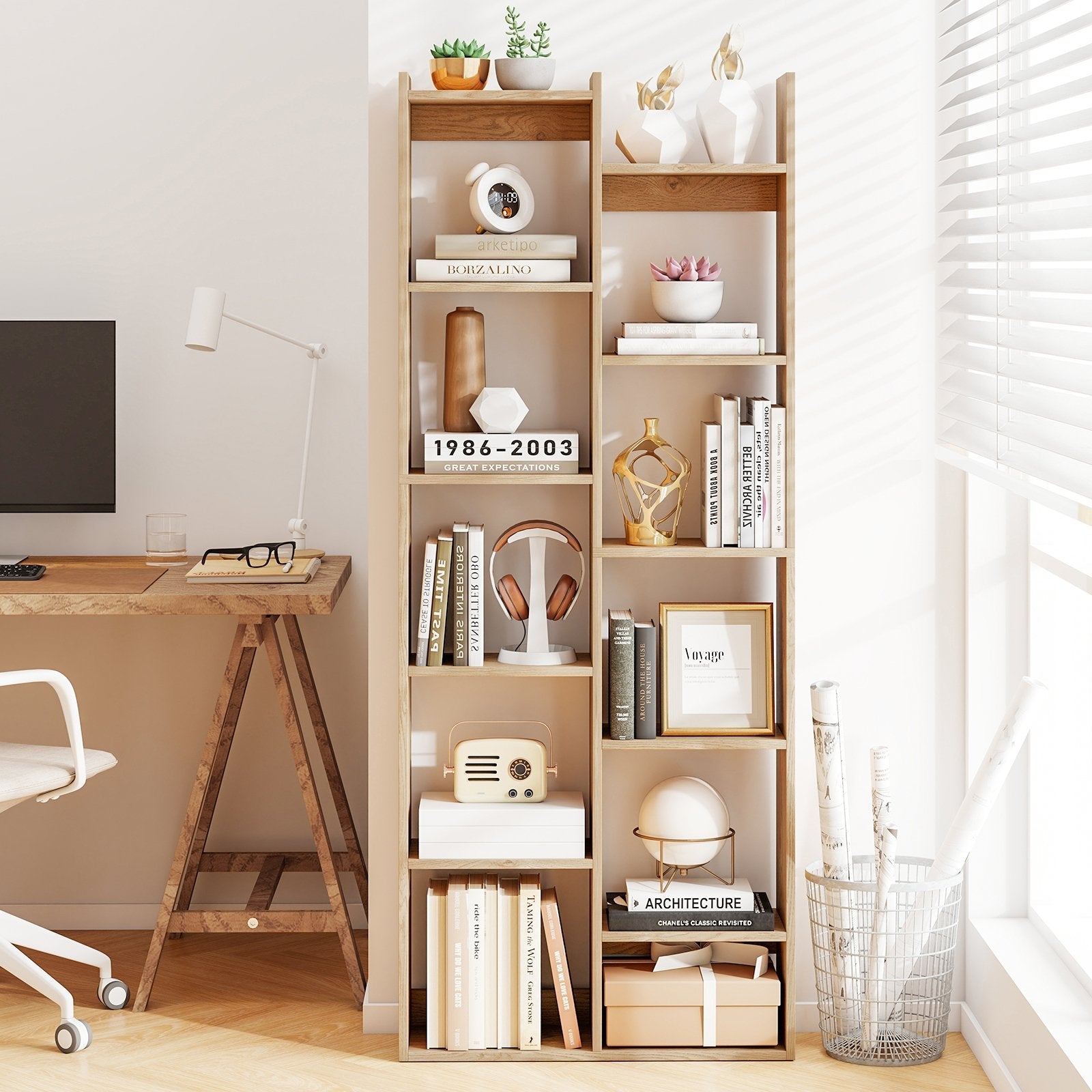 11-Tier Modern Book Organizer Bookcase with Anti-Tipping Kits-Natural
