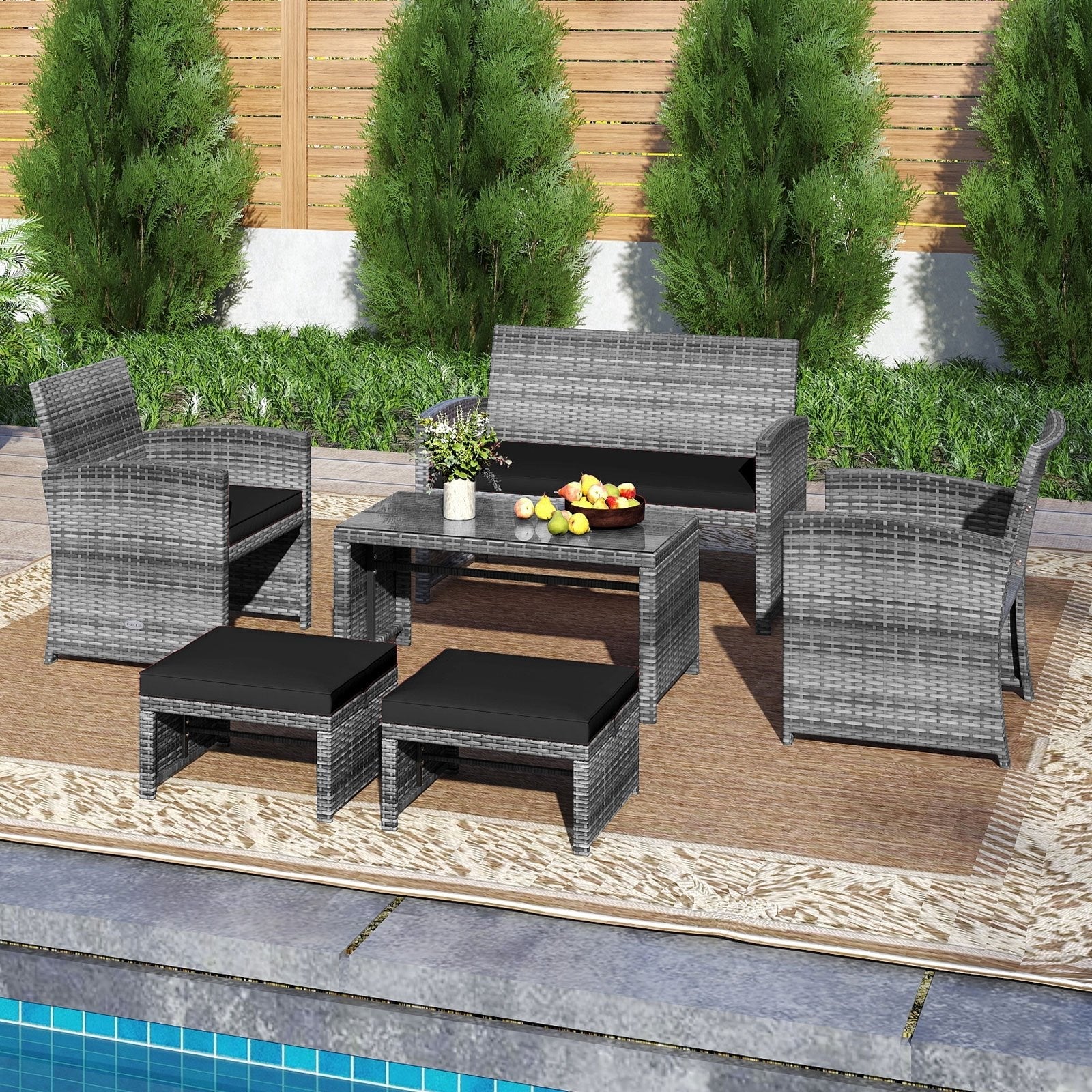 6 Pieces Patio Furniture Set Outdoor Sectional Conversation PE Rattan Sofa Set-Black