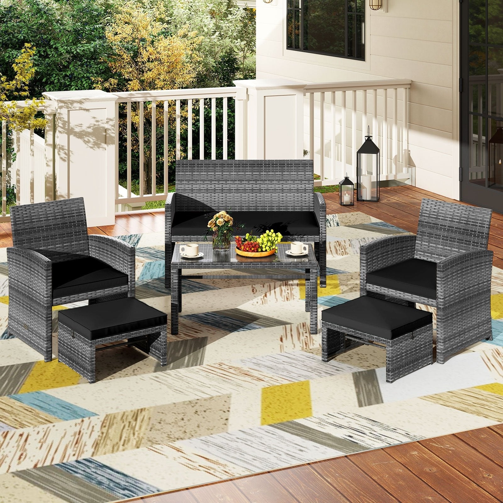 6 Pieces Patio Furniture Set Outdoor Sectional Conversation PE Rattan Sofa Set-Black