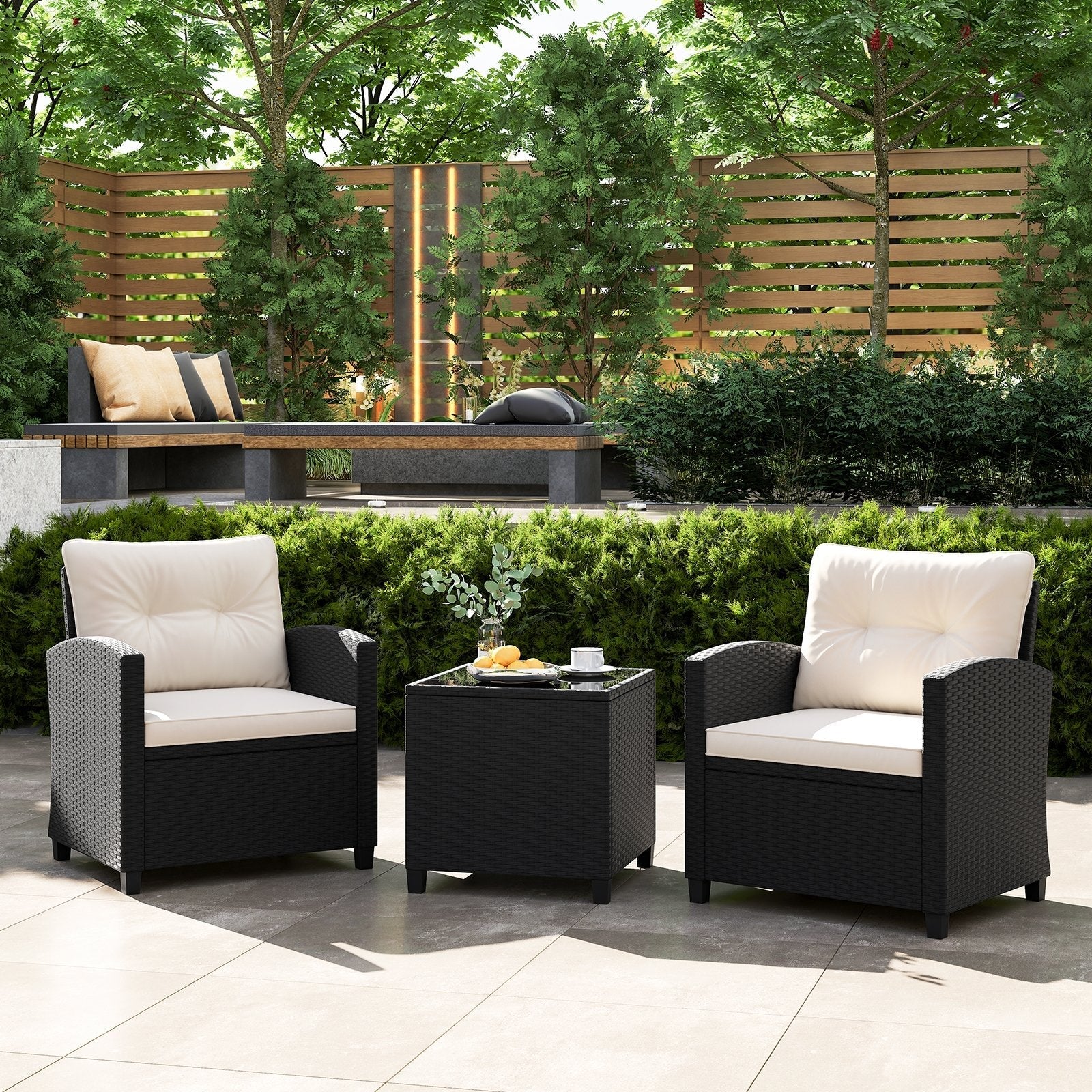 3 Pieces Patio Furniture Set with Tempered Glass Coffee Table-Black
