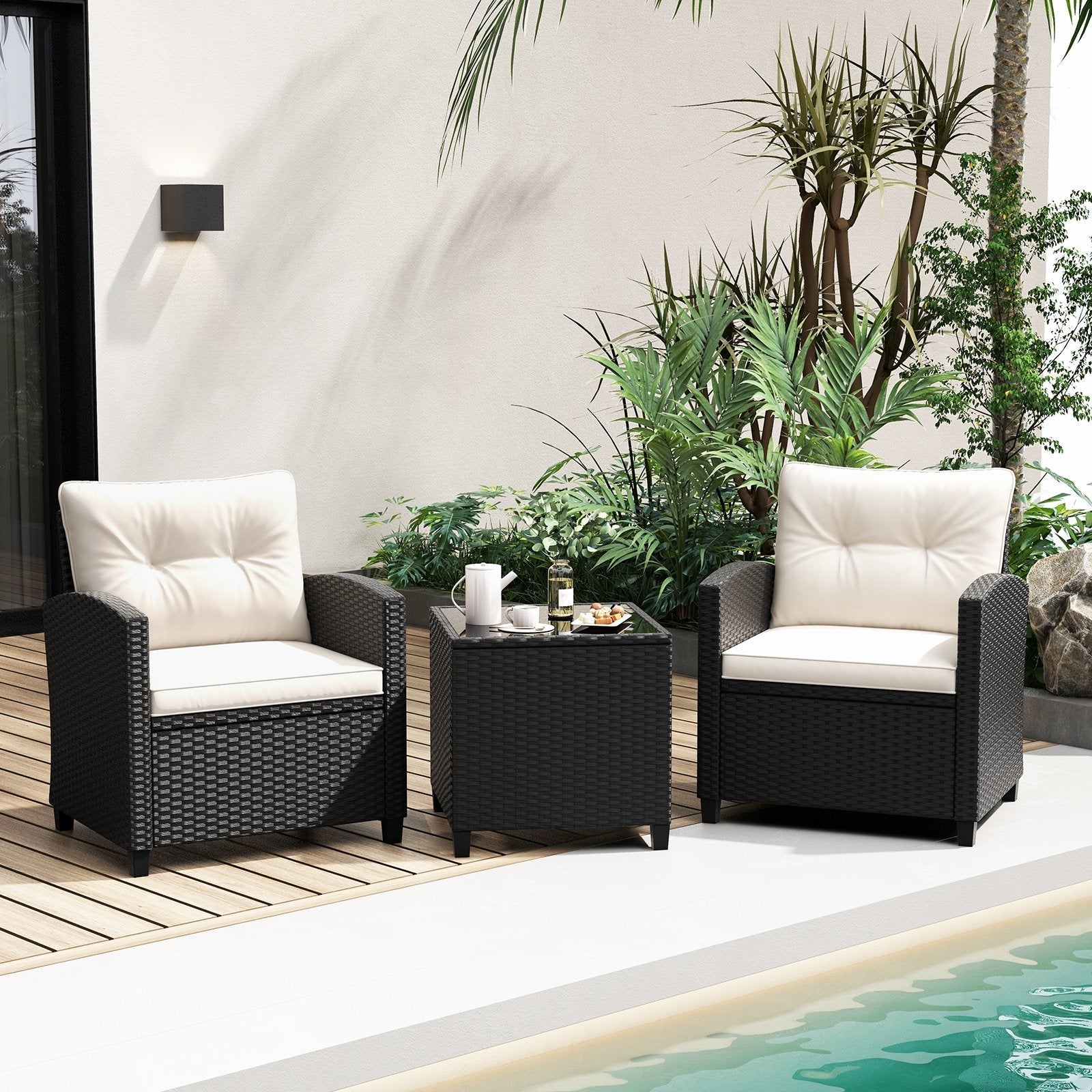 3 Pieces Patio Furniture Set with Tempered Glass Coffee Table-Black