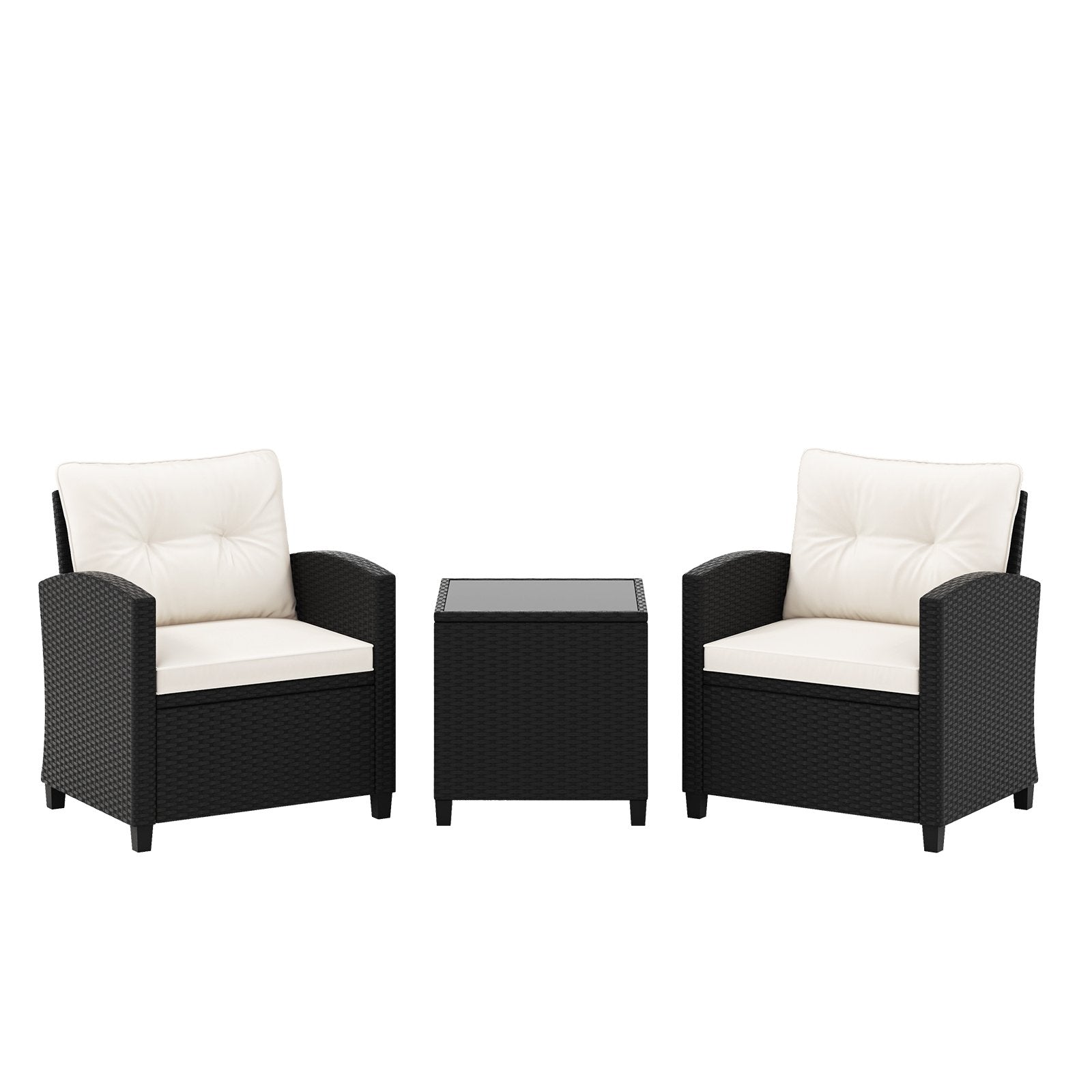 3 Pieces Patio Furniture Set with Tempered Glass Coffee Table-Black