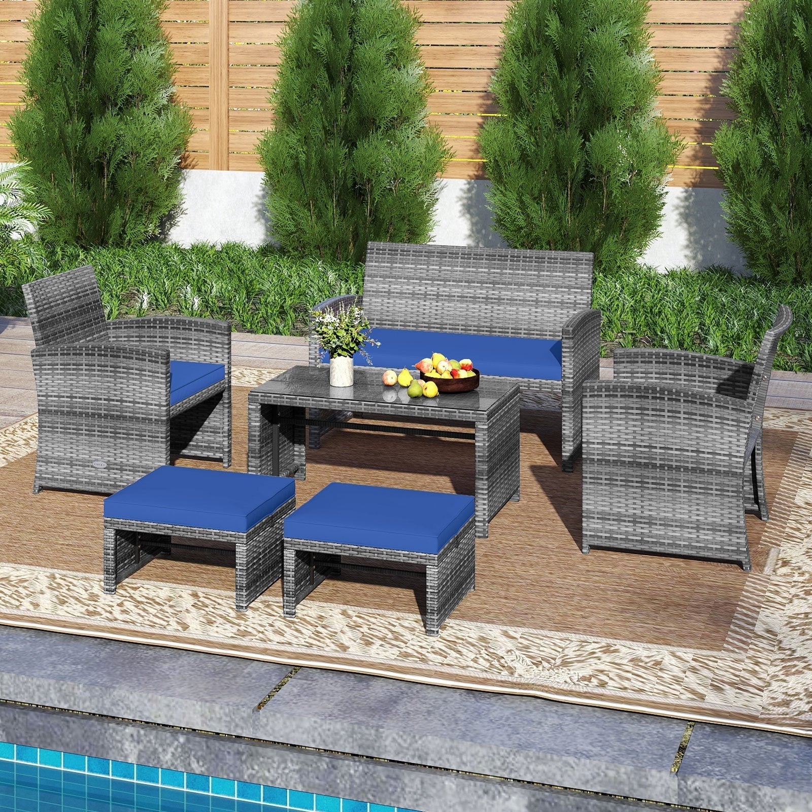 6 Pieces Patio Furniture Set Outdoor Sectional Conversation PE Rattan Sofa Set-Black