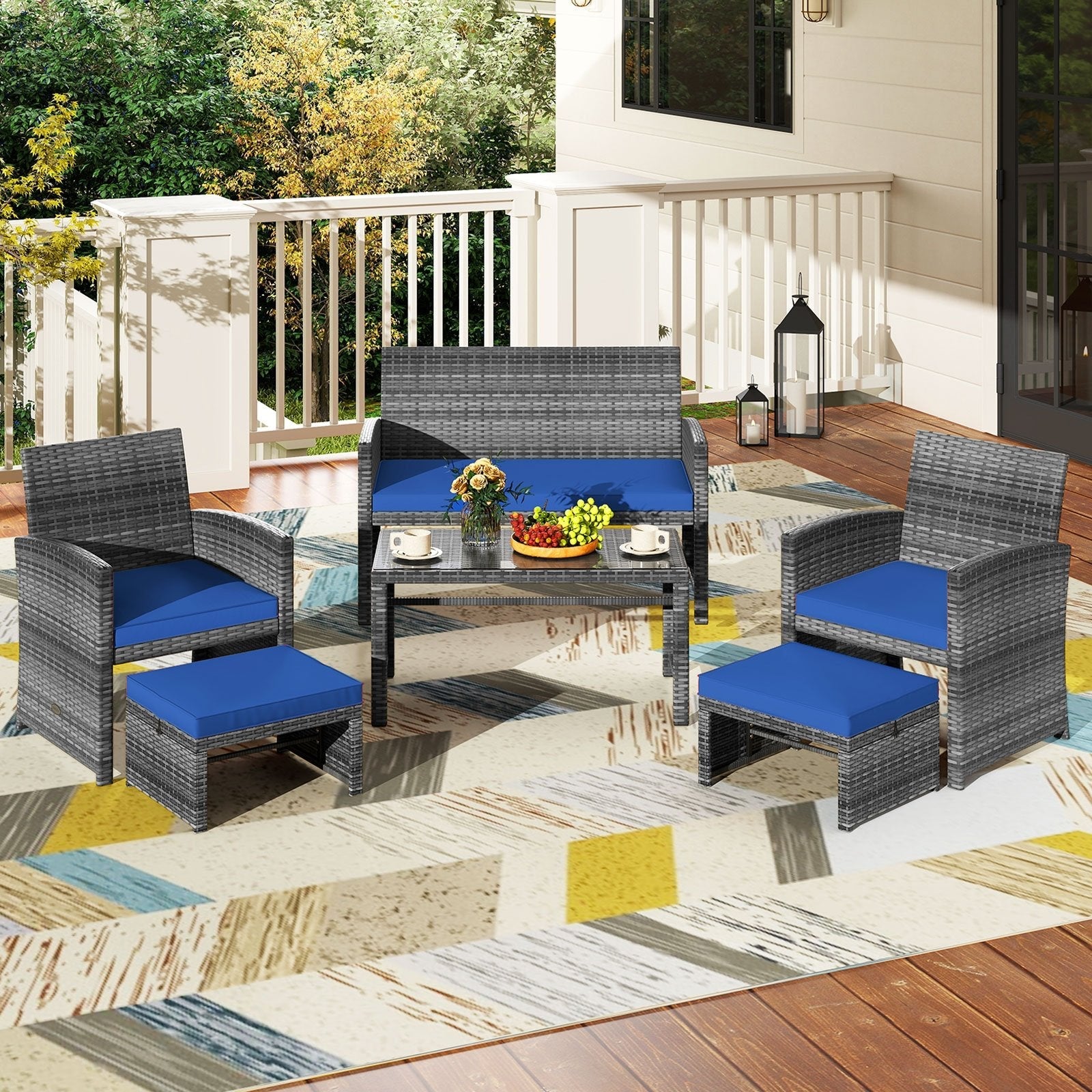 6 Pieces Patio Furniture Set Outdoor Sectional Conversation PE Rattan Sofa Set-Black