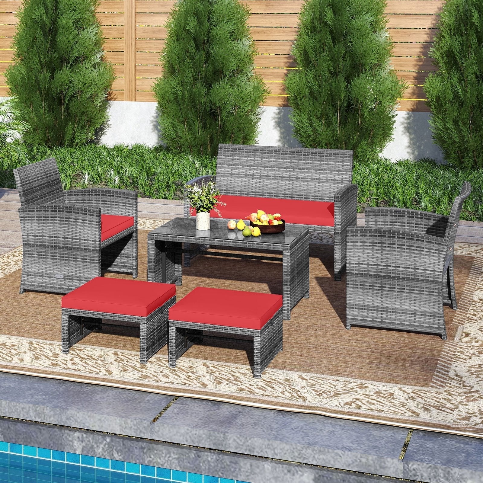 6 Pieces Patio Furniture Set Outdoor Sectional Conversation PE Rattan Sofa Set-Black