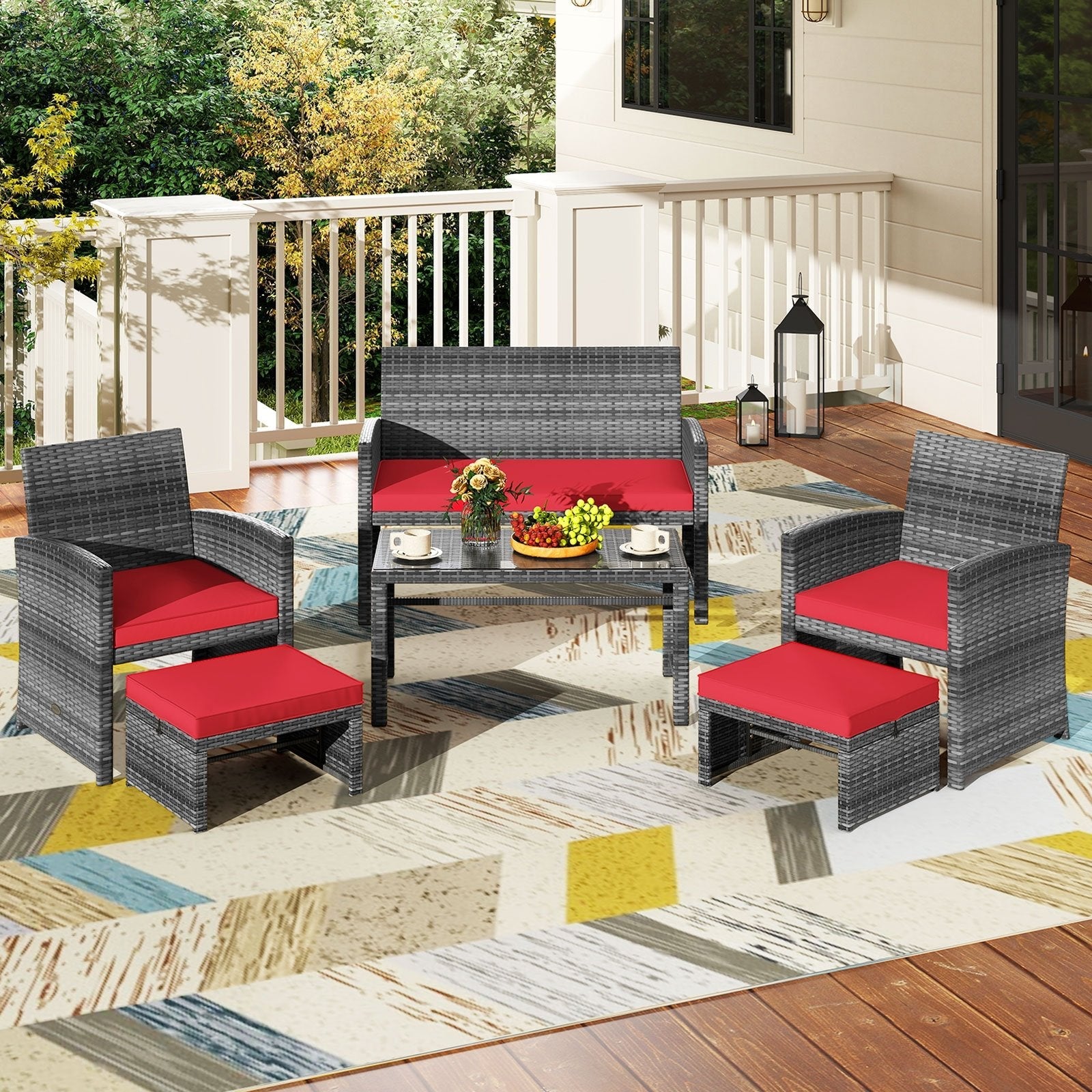 6 Pieces Patio Furniture Set Outdoor Sectional Conversation PE Rattan Sofa Set-Black