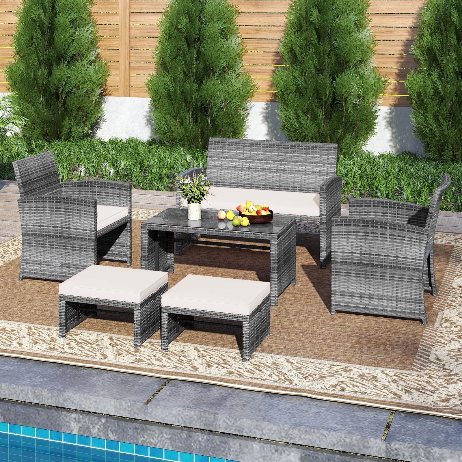 6 Pieces Patio Furniture Set Outdoor Sectional Conversation PE Rattan Sofa Set-Black