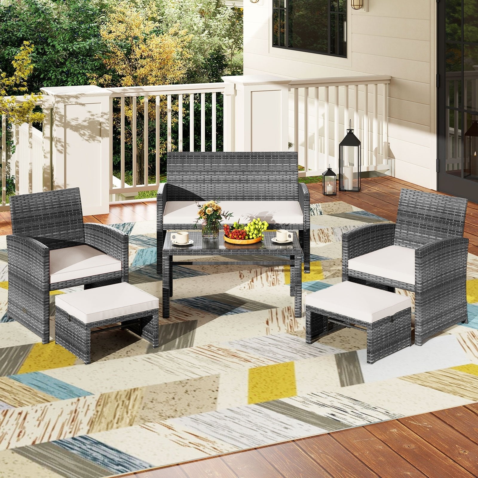 6 Pieces Patio Furniture Set Outdoor Sectional Conversation PE Rattan Sofa Set-Black