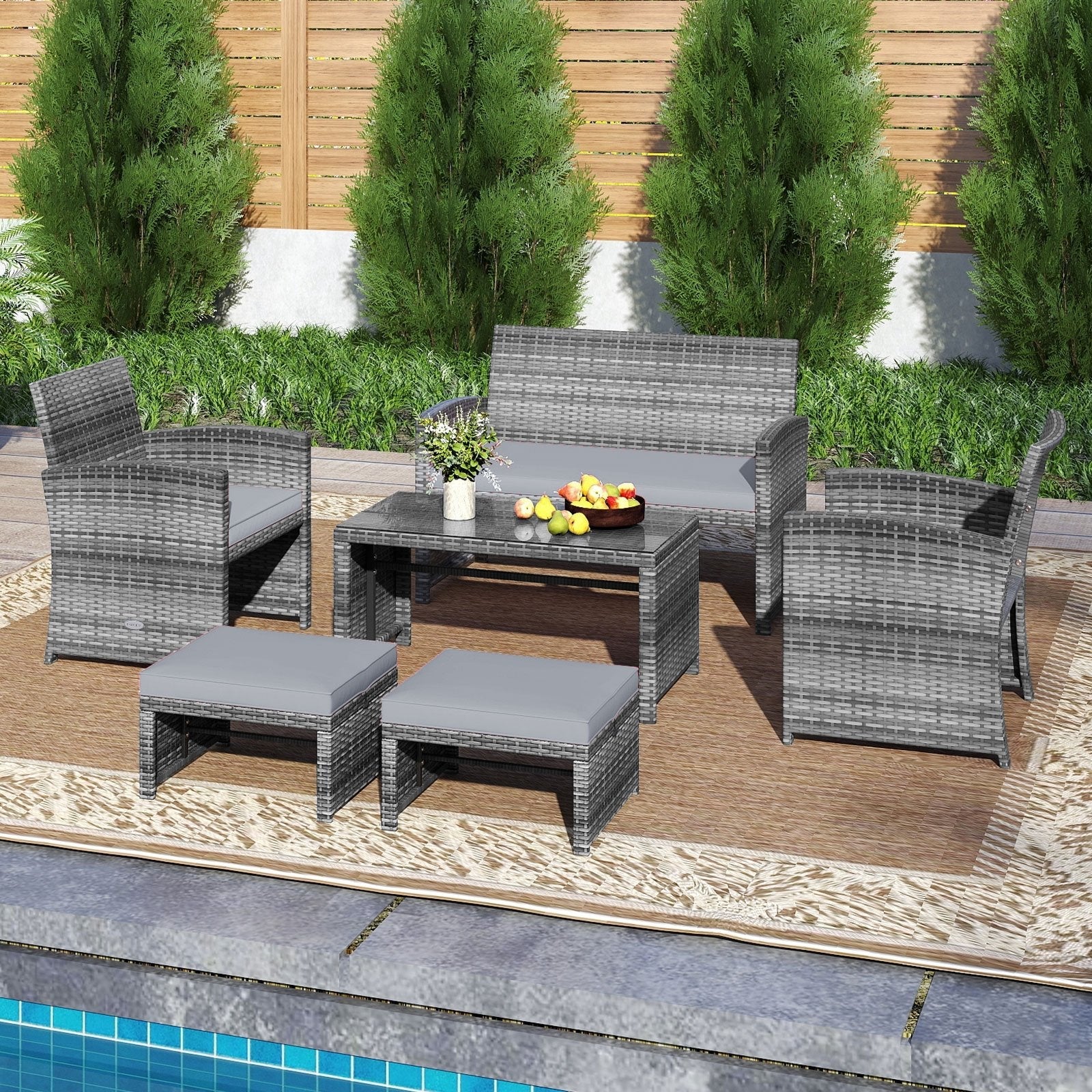6 Pieces Patio Furniture Set Outdoor Sectional Conversation PE Rattan Sofa Set-Black