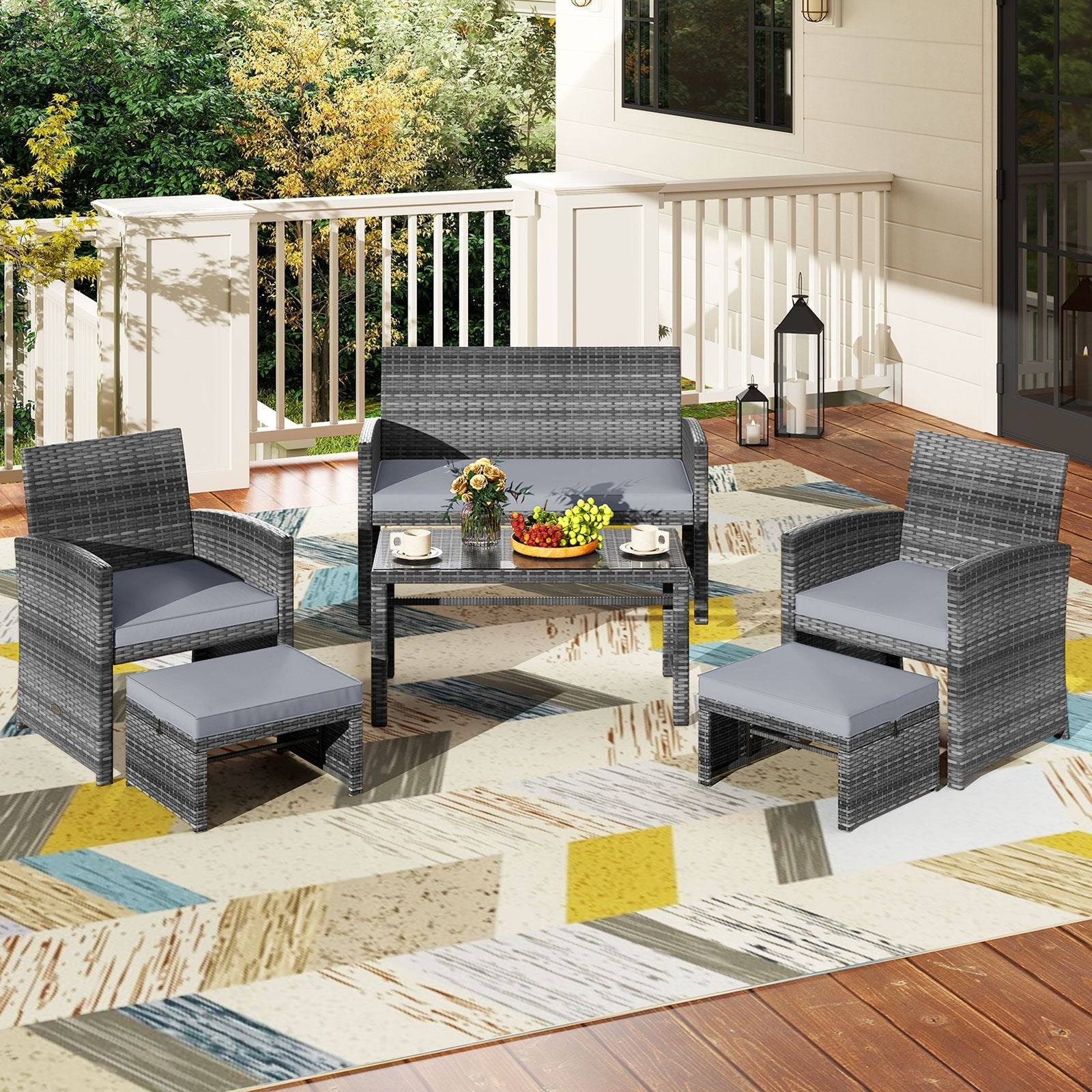 6 Pieces Patio Furniture Set Outdoor Sectional Conversation PE Rattan Sofa Set-Black