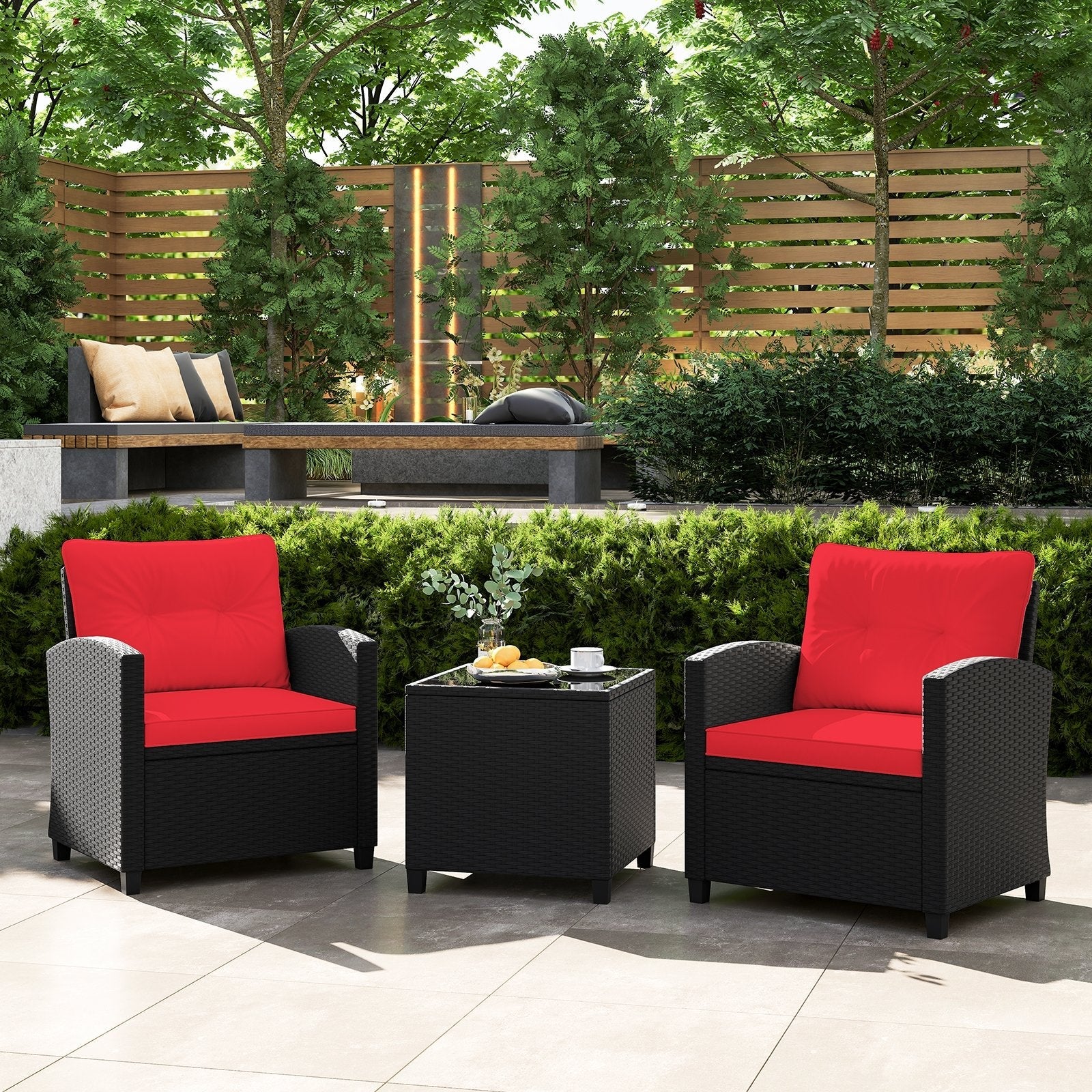 3 Pieces Patio Furniture Set with Tempered Glass Coffee Table-Black