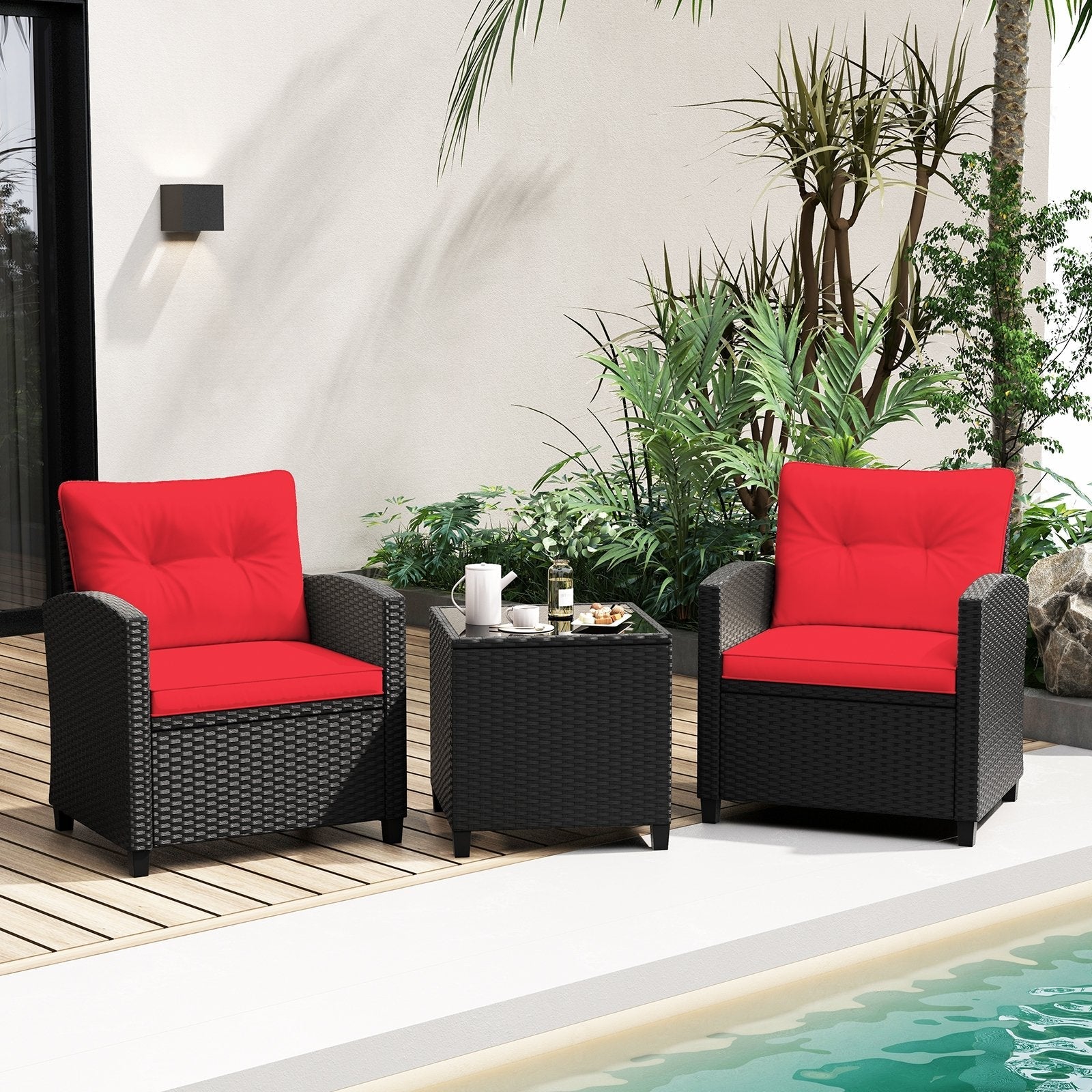 3 Pieces Patio Furniture Set with Tempered Glass Coffee Table-Black