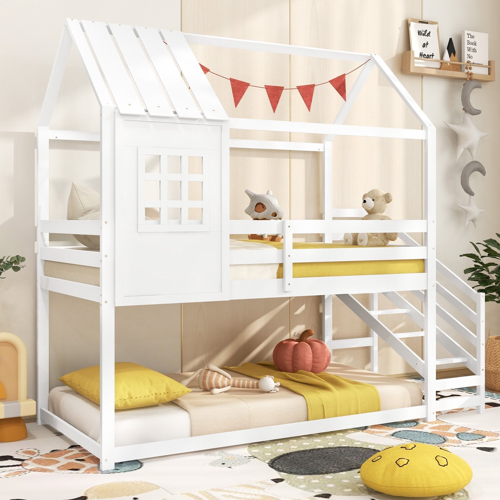 Twin House Bed with Stairs and Roof for Kids-White