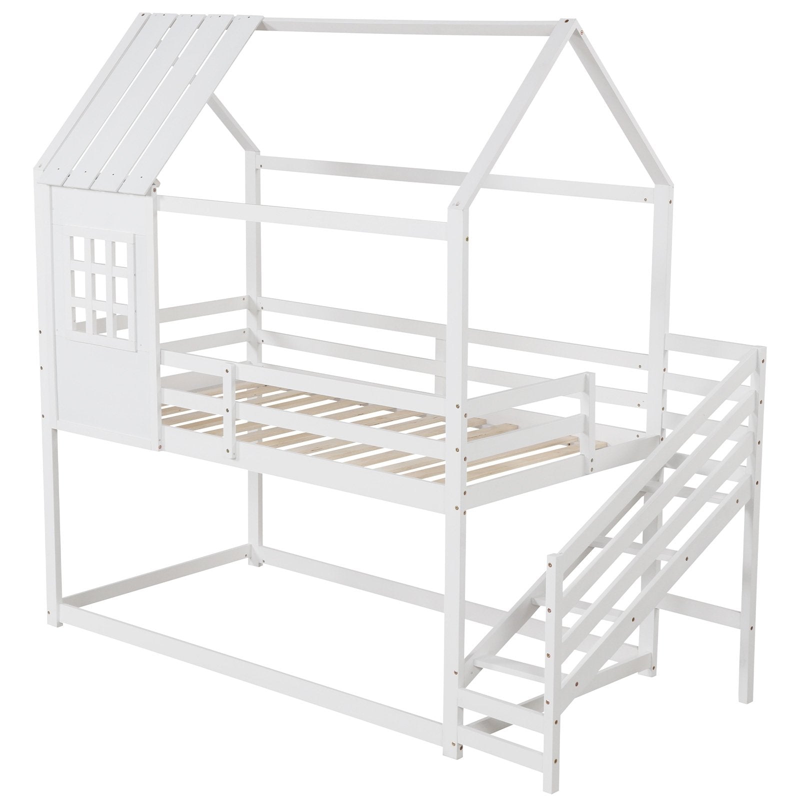 Twin House Bed with Stairs and Roof for Kids-White