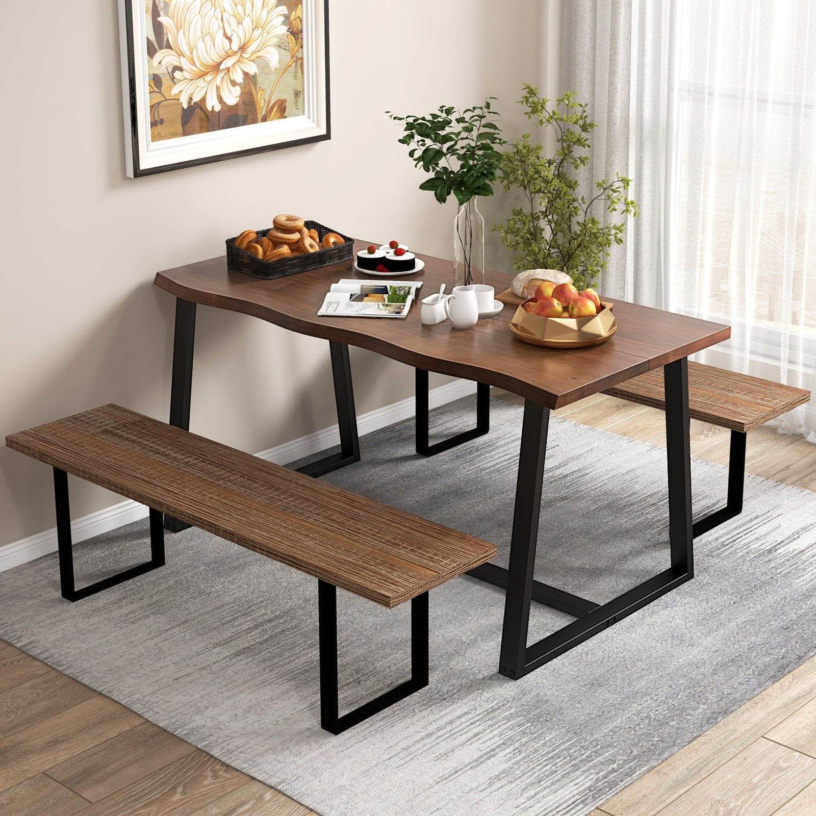 63" Large Dining Table with Wavy Edge and Heavy-duty Metal Frame-Black