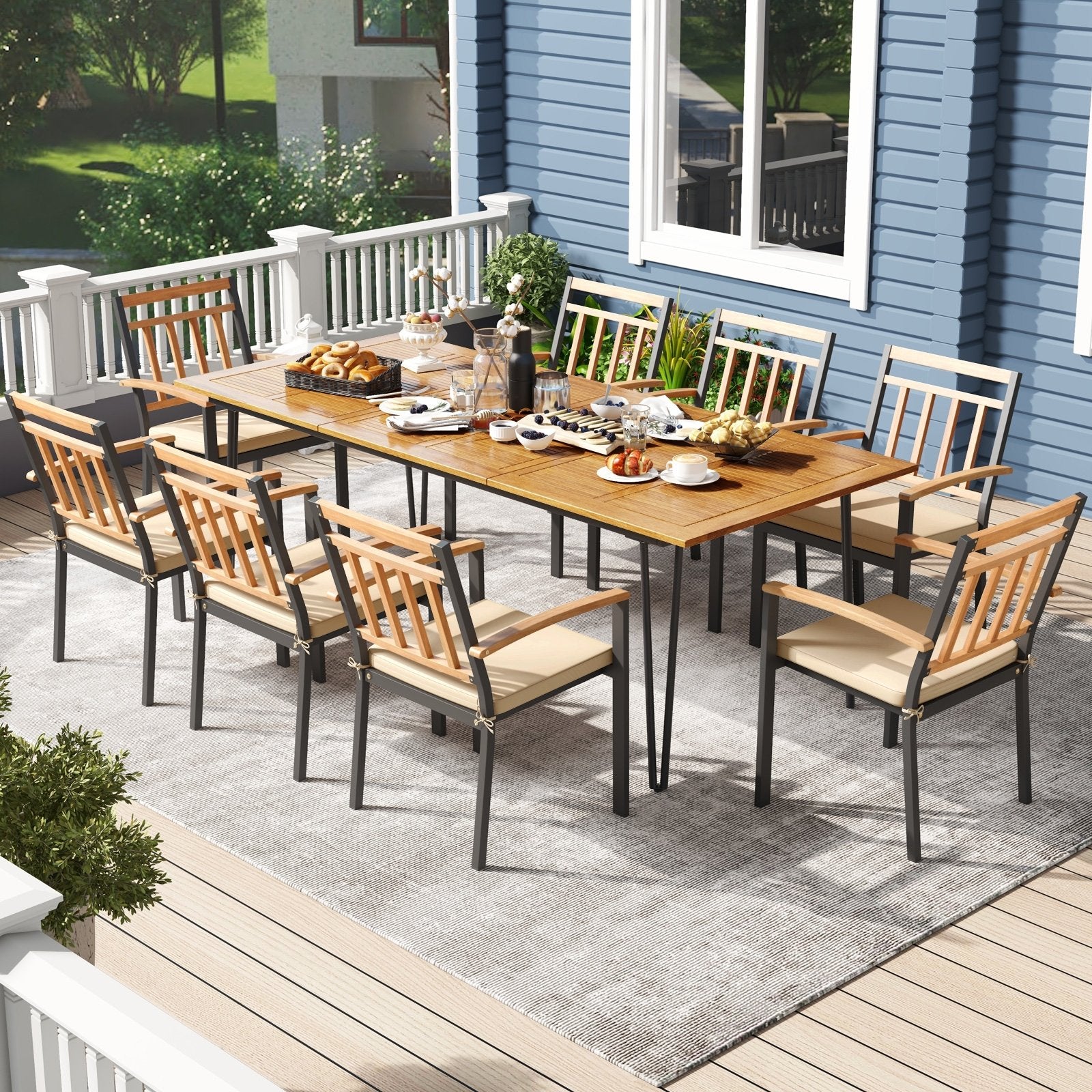 9 Pieces Patio Dining Outdoor Furniture Set with 8 Chairs and Umbrella Hole