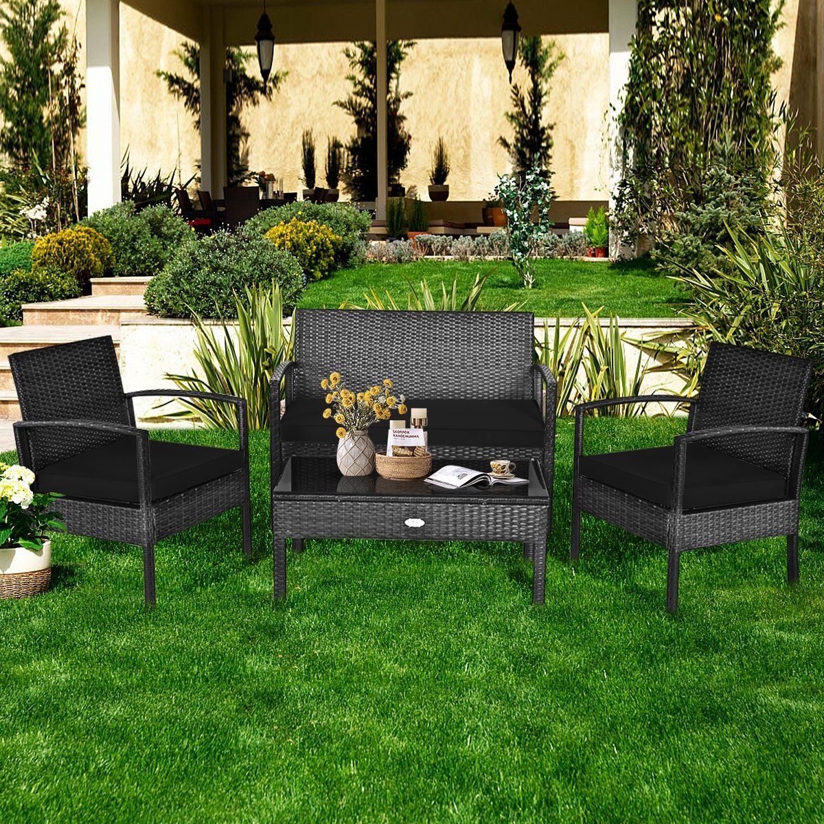 4 Pieces Patio Rattan Cushioned Furniture Set-Black