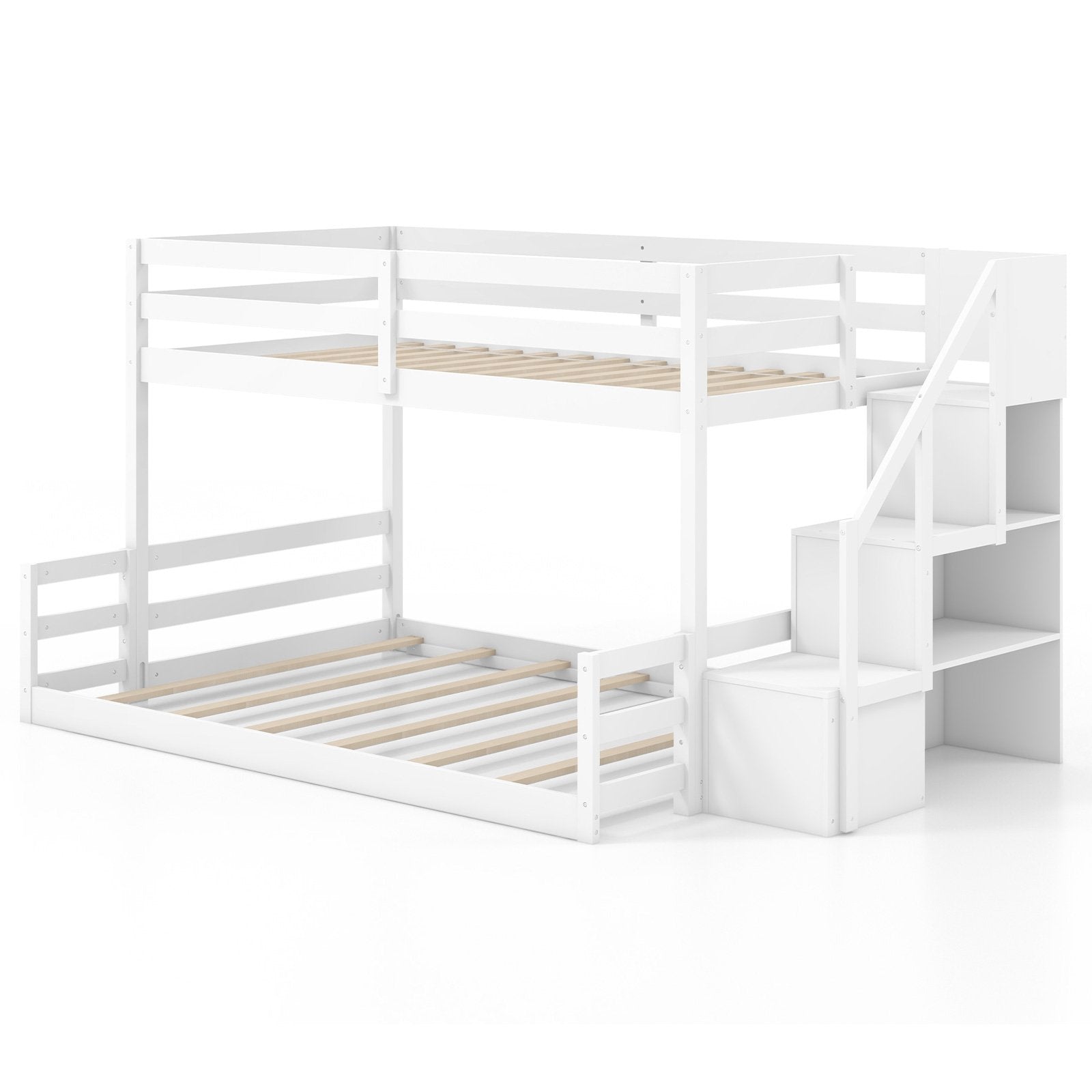 Solid Wood Twin Over Full Low Bunk Bed with Storage Stairs-Grey