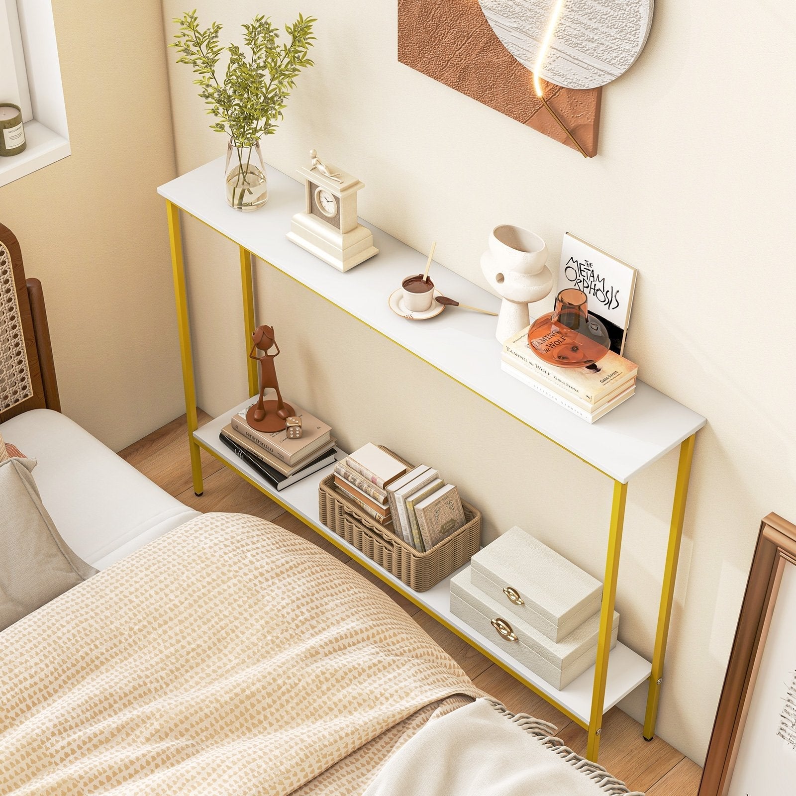 44 Inch Console Table with Shelf with Dual Anti-Tipping Kits-Rustic Brown