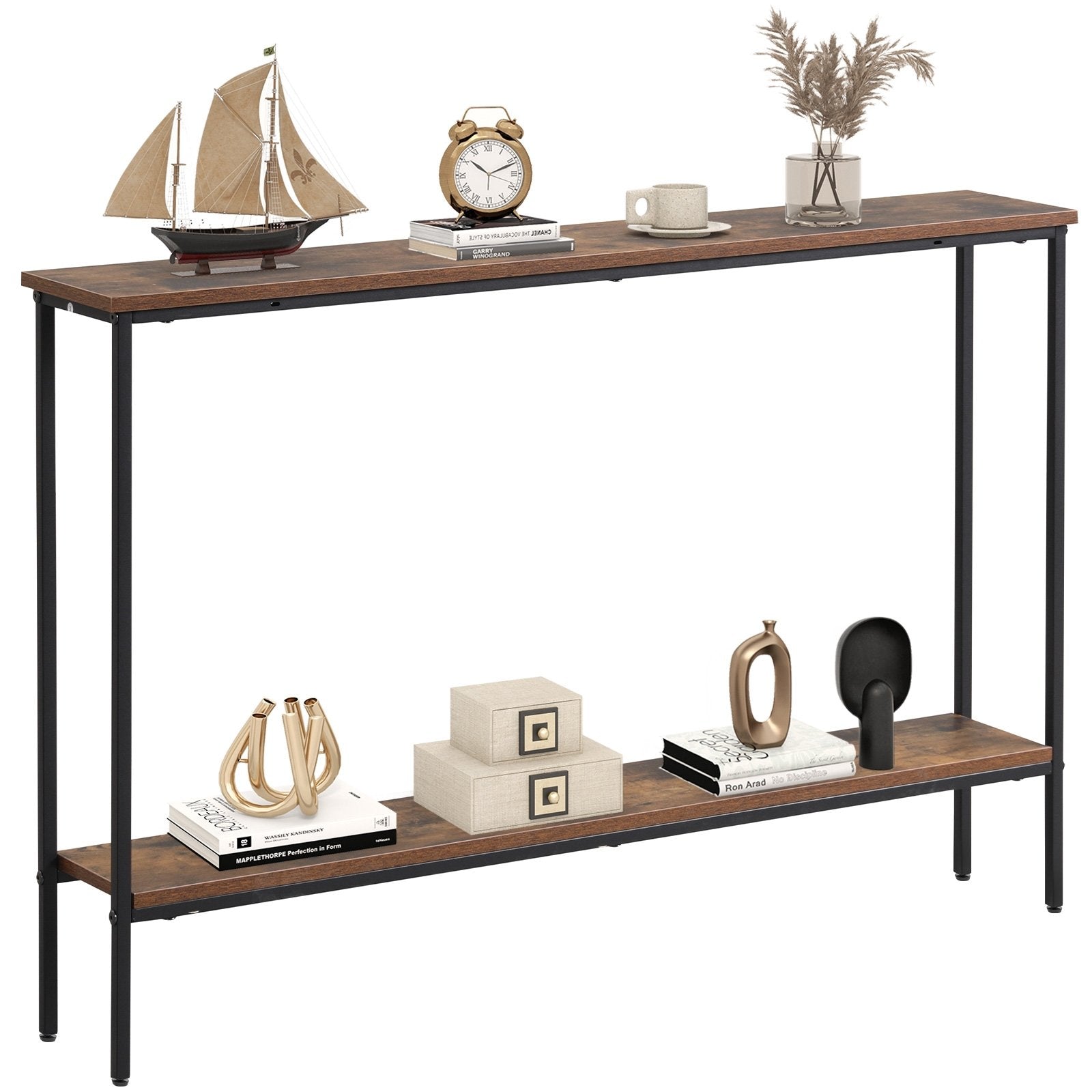 44 Inch Console Table with Shelf with Dual Anti-Tipping Kits-Rustic Brown