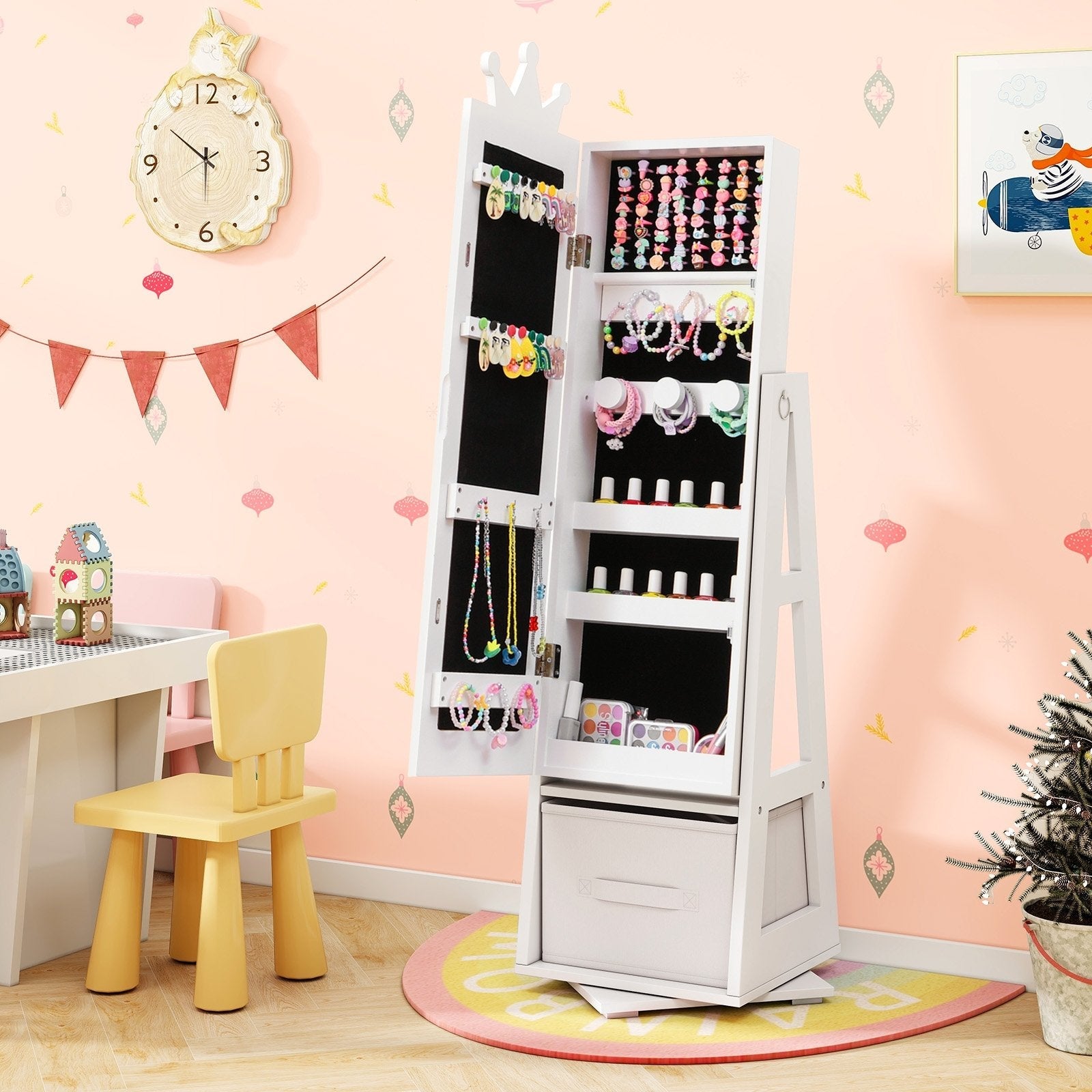 Kids Jewelry Armoire Cabinet with Large Storage Capacity and Swivel Base-Pink