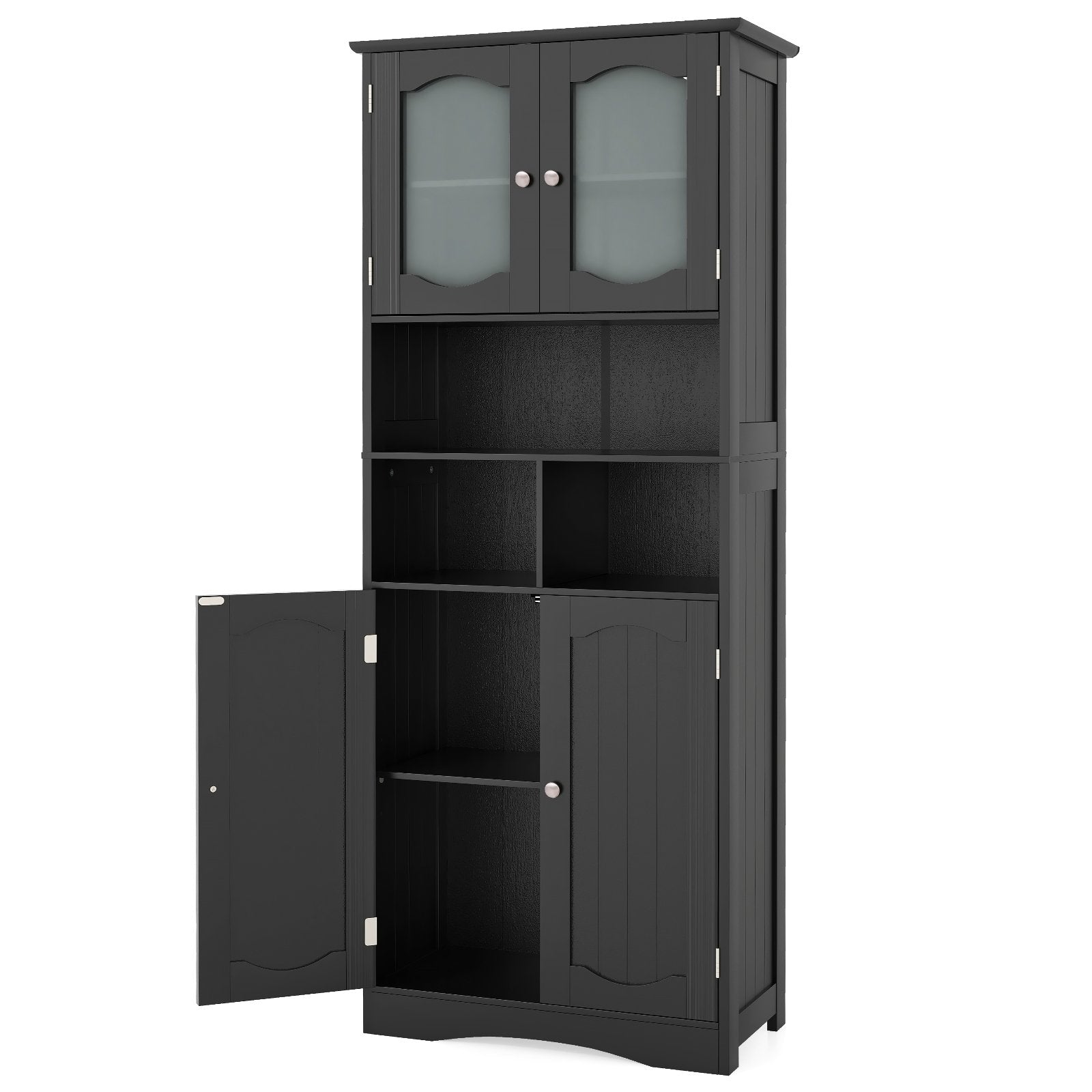 58.5 Inch Freestanding Linen Bathroom Storage Cabinet with Frost Glass Doors-Black