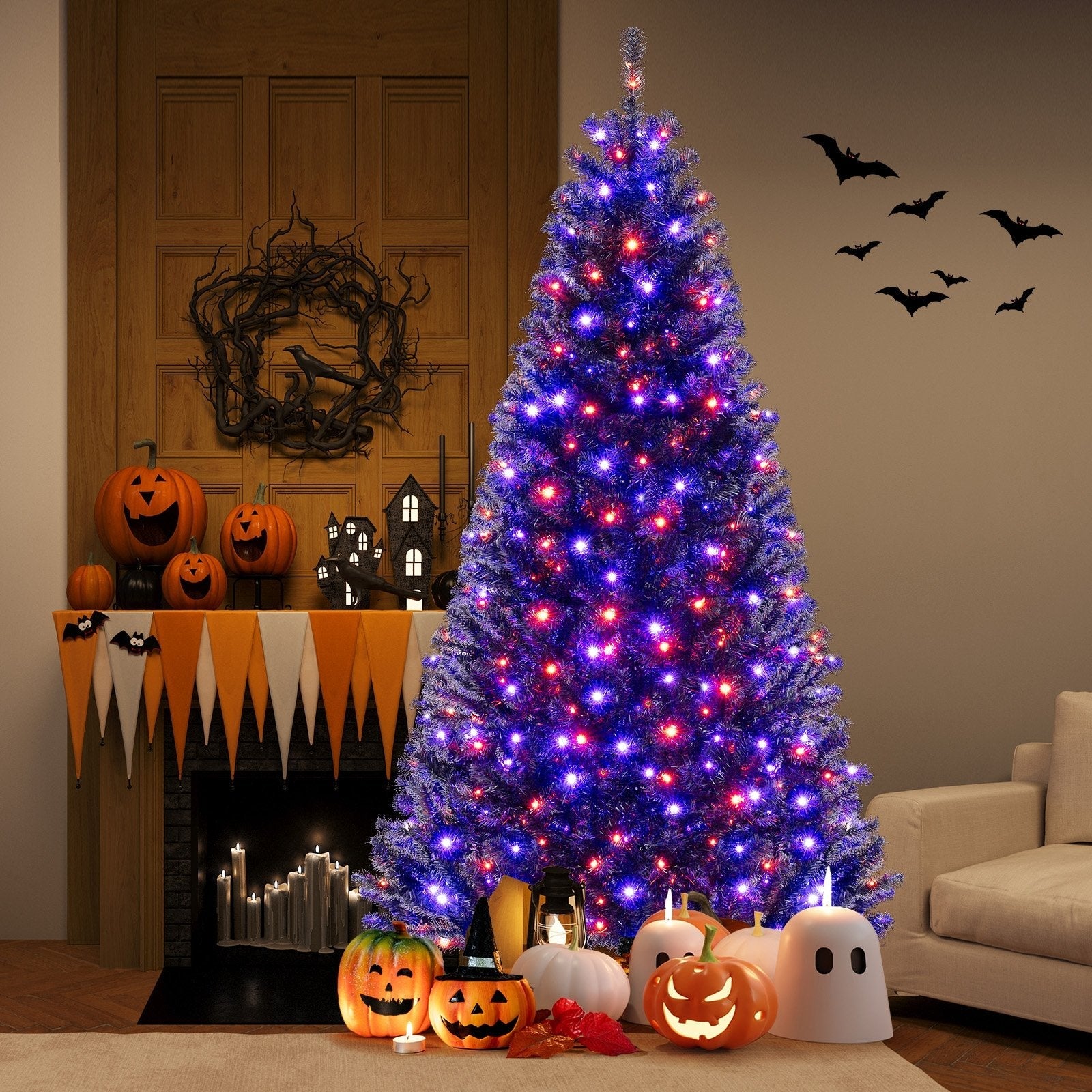 6/7/8 Feet Artificial Christmas Tree with 6 Lighting Modes and Spooky Sounds-7 ft