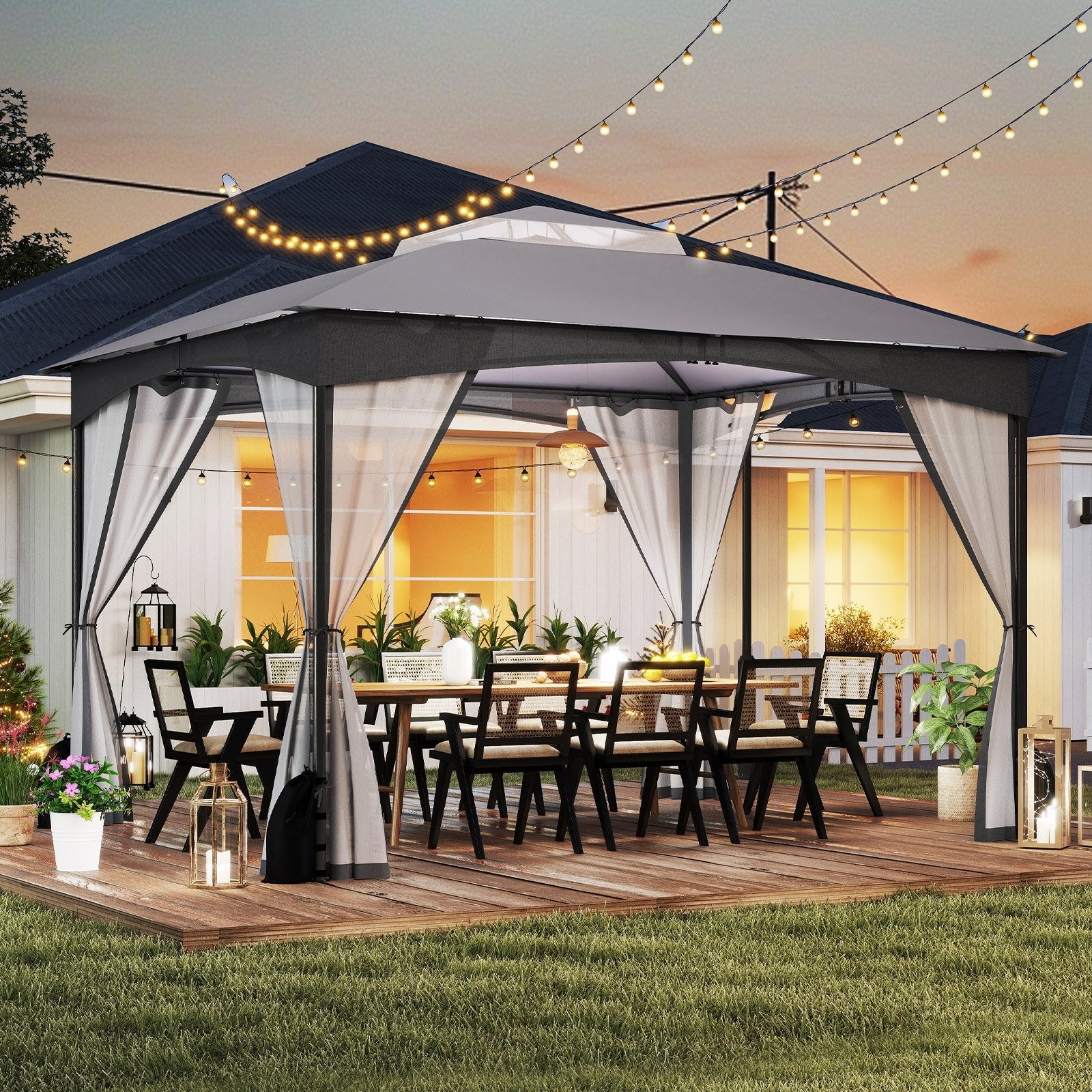 10 X 12 FT Patio Gazebo with Netting Walls with 4 Sandbags-Gray