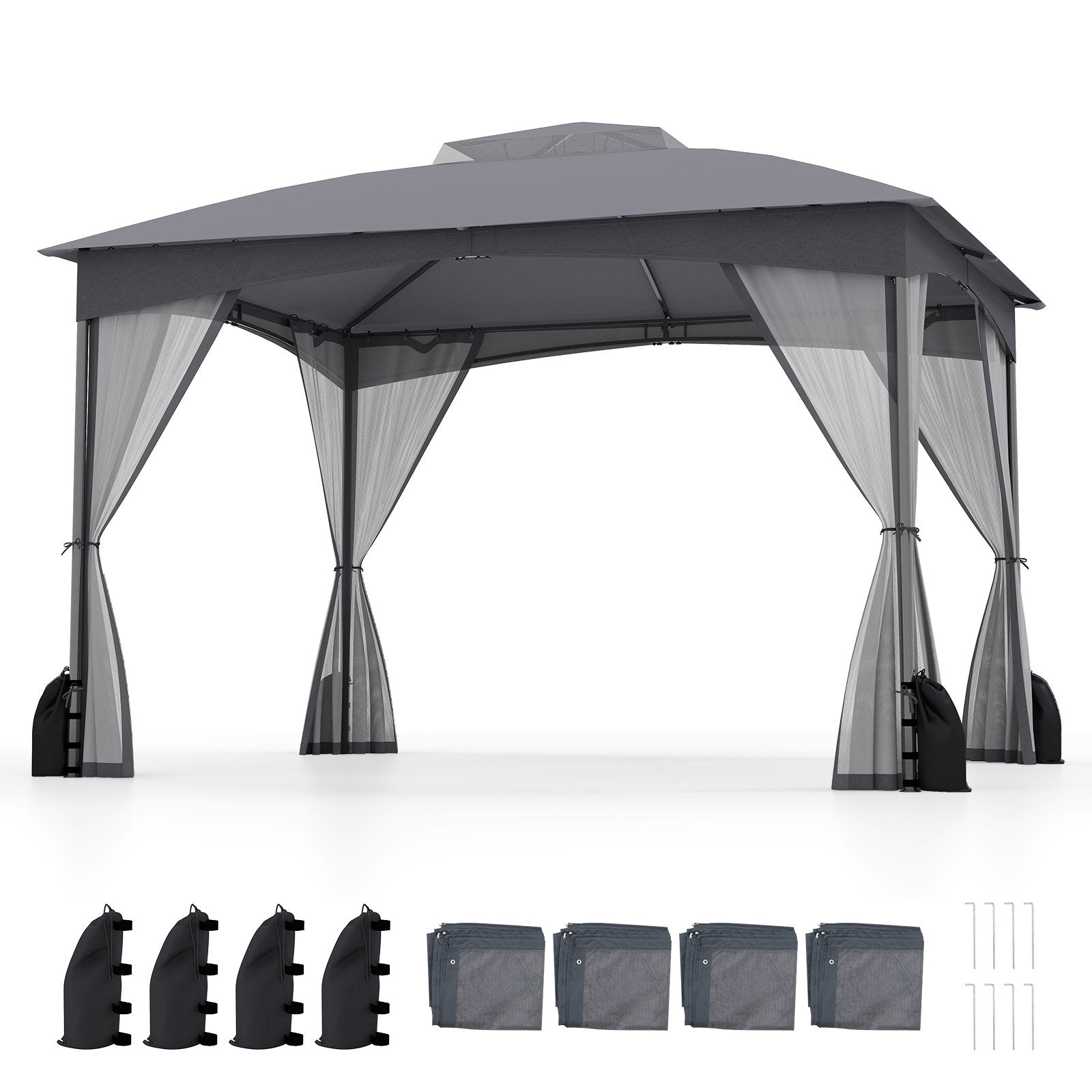 10 X 12 FT Patio Gazebo with Netting Walls with 4 Sandbags-Gray