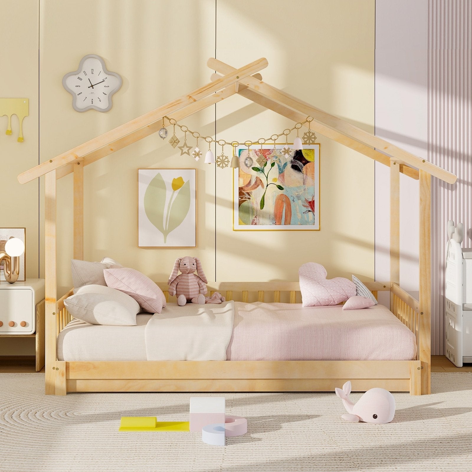 Extendable House Bed Twin to King Daybed with Roof and Fence Rails-Gray