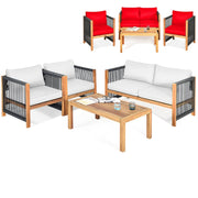 4 Pieces Wood Outdoor Patio Furniture Set with Cushions for Garden-Red