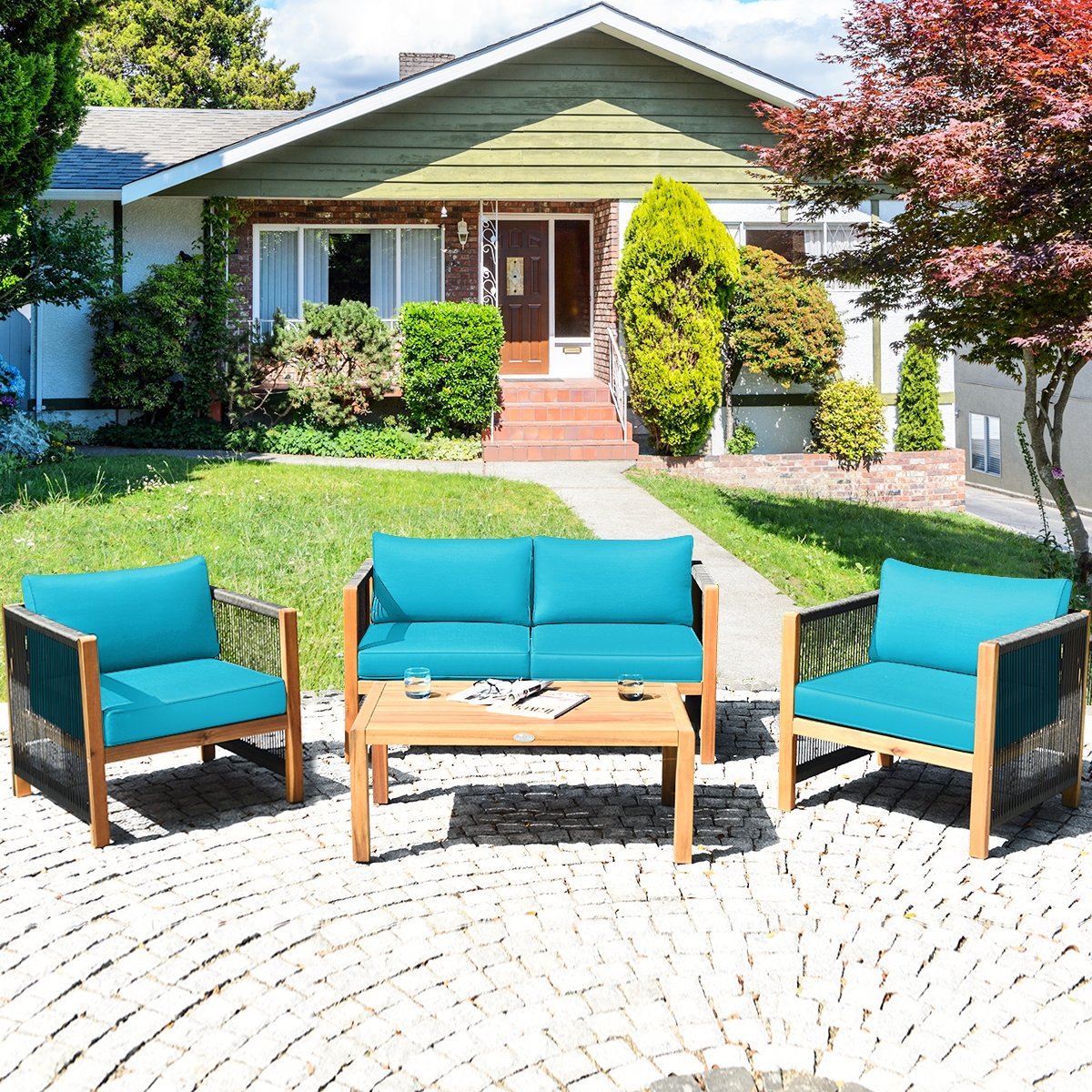 4 Pieces Wood Outdoor Patio Furniture Set with Cushions for Garden-Red